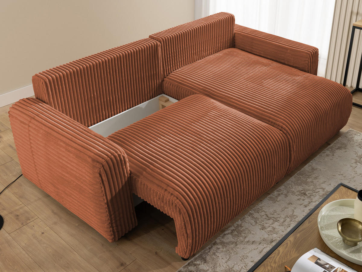 ECKSOFA Calma mit Schlaffunktion und Bettkasten im Bumpy-Design aus weichem Terrakotta Plüschcord - Ottomane rechts - Terracotta/Schwarz, Holz/Kunststoff (140/239cm) - S-Style