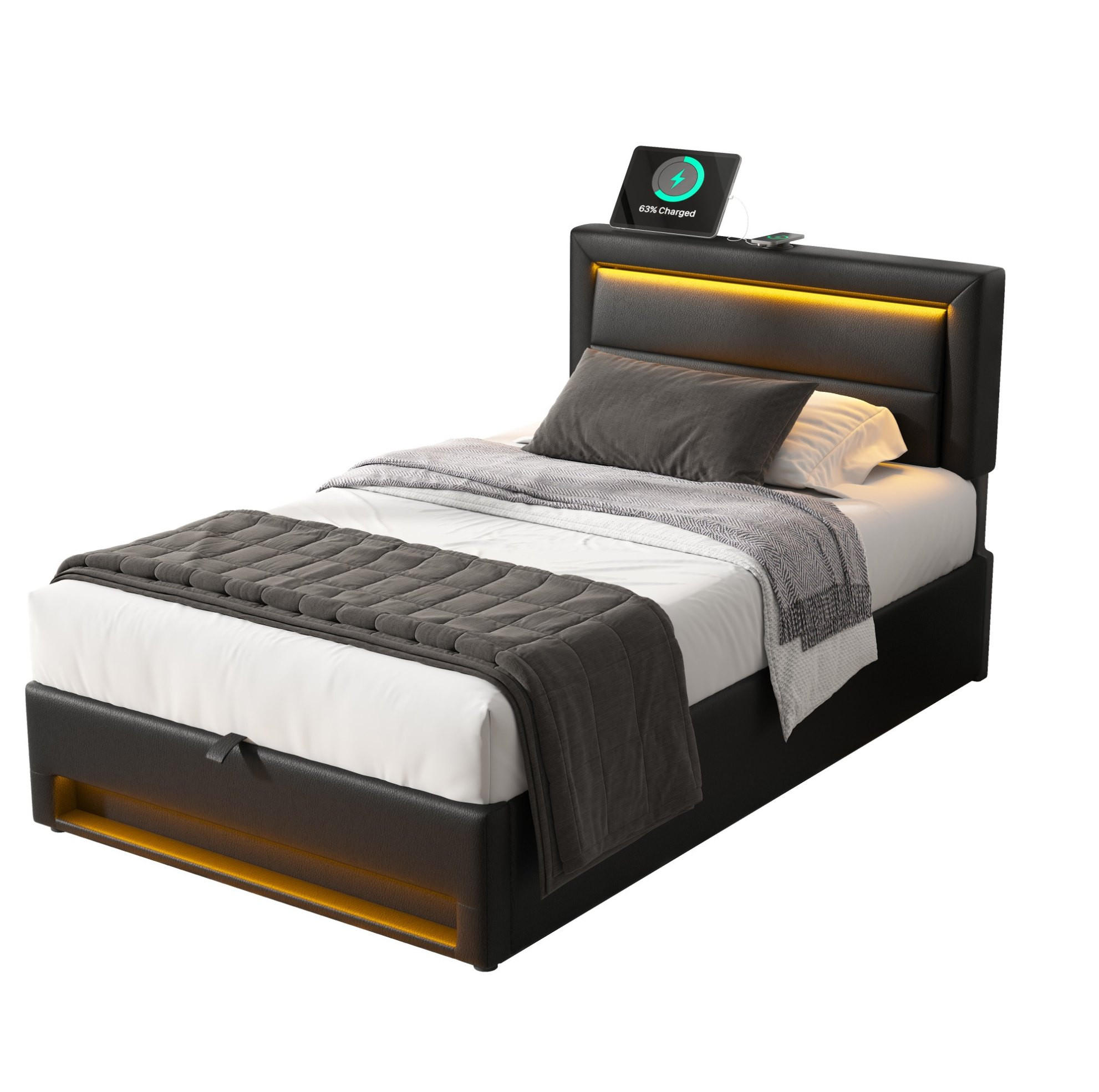 POLSTERBETT 90/190 cm in Schwarz mit Stauraum, USB-Ladefunktion und LED - Schwarz, Kunststoff (90/190cm) - Flora Grace