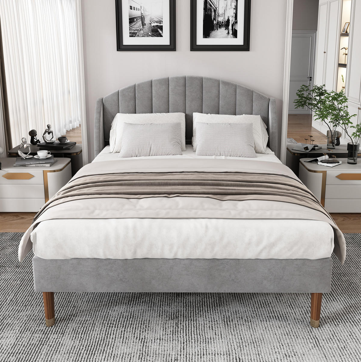 POLSTERBETT 140/200 cm mit Lattenrost, gepolstertem Kopfteil und Samtbezug, Grau - Grau, Textil (140/200cm) - Redom