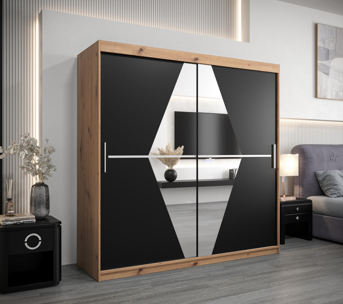 SCHWEBETÜRENSCHRANK 200/200/62 2-türig - Silberfarben/Schwarz, Holz/Kunststoff (200/200/62cm) - Abiks Möbel
