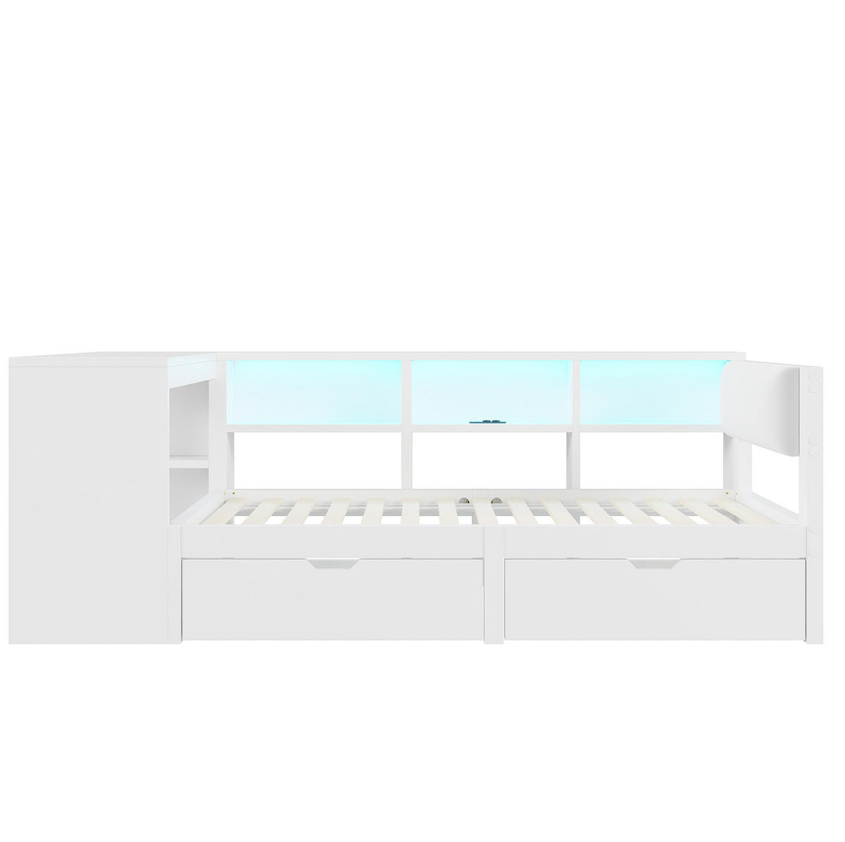BETT aus MDF und Sperrholz 90x200 cm Weiß mit USB, Steckdosen, LED-Beleuchtung, Schubladen und gepolstertem Kopfteil - Weiß, Holzwerkstoff (90/200cm) - Modfu