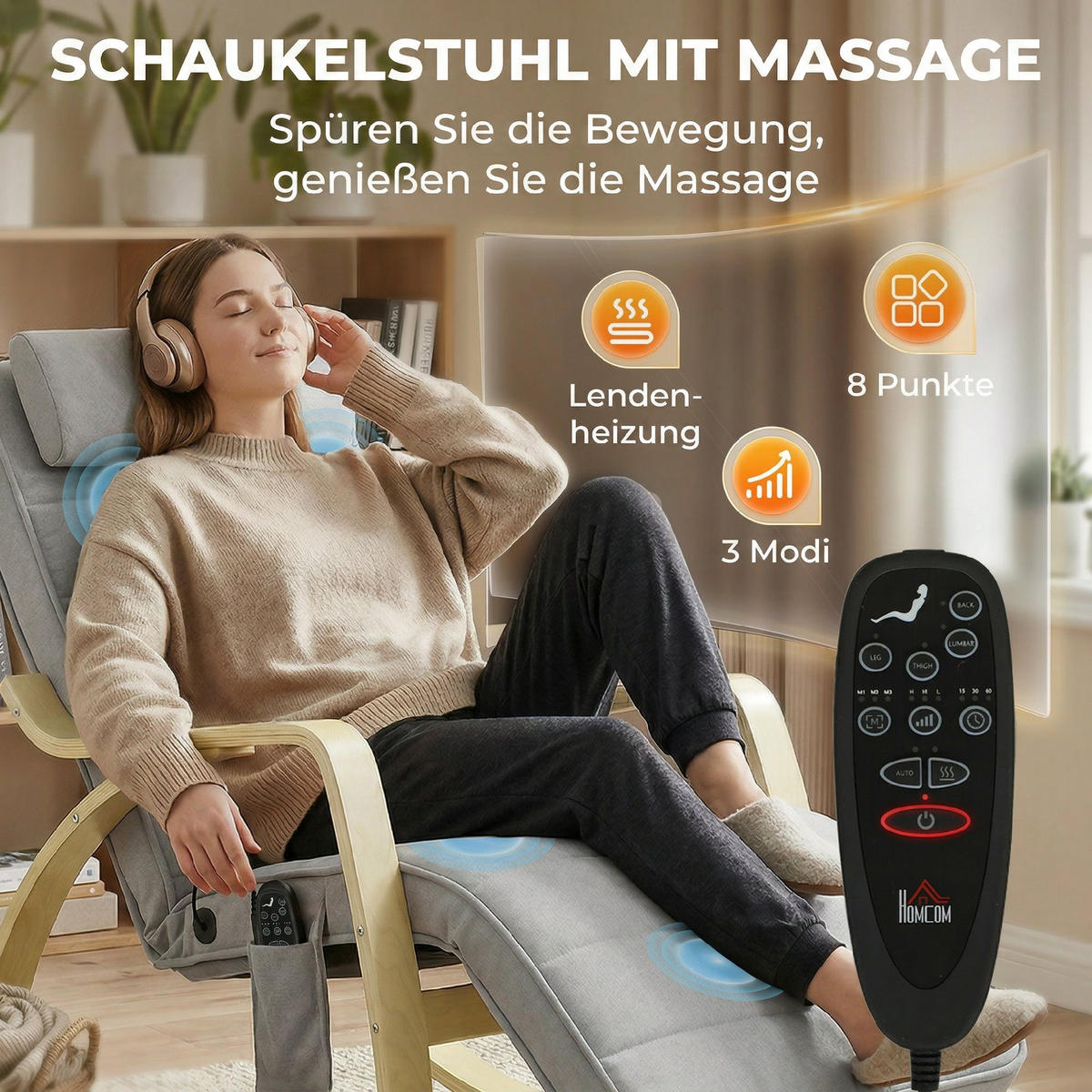 SCHAUKELSTUHL DE-07602 mit Massage, Heizung und Kopf- & Fußstütze Hellgrau - Hellgrau, Textil (67/92/106cm) - ComfortXL