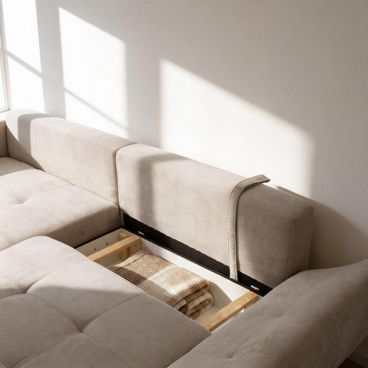 ECKSOFA NICE L Links mit Schlaffunktion 137x204 Chenille Beige - Beige/Schwarz, Holz/Textil (260/165cm) - Muffo