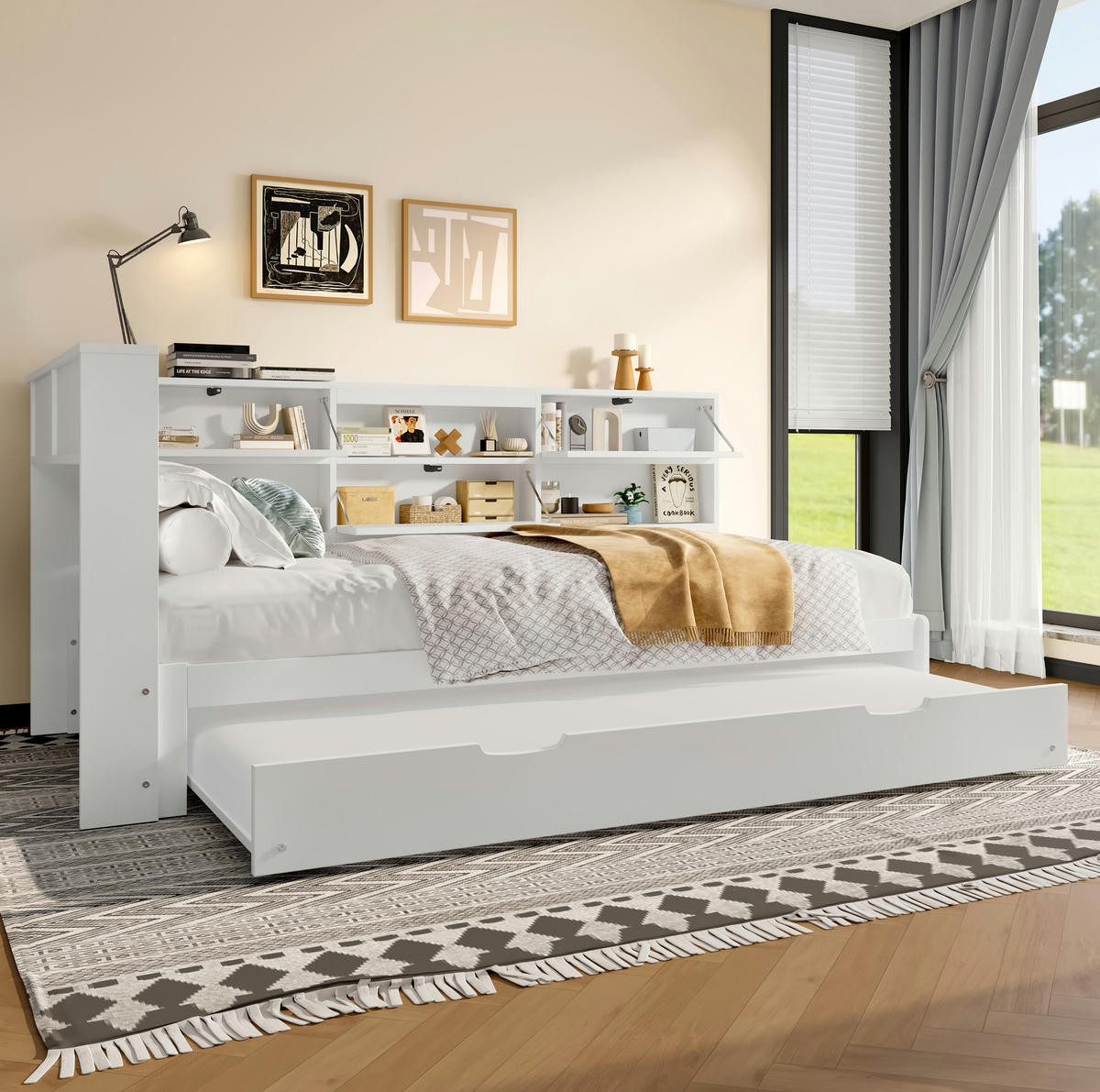 POLSTERBETT 90/200 cm Weiß mit Stauraum und USB- und Type-C-Anschlüssen - Weiß, Holz (90/200cm) - Flora Grace