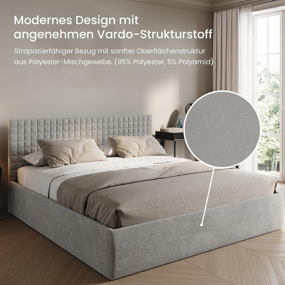 POLSTERBETT VARDO-Stoff H2 Matratze 180x200 cm in Grau - Grau, Textil (180/200cm) - Home Collective