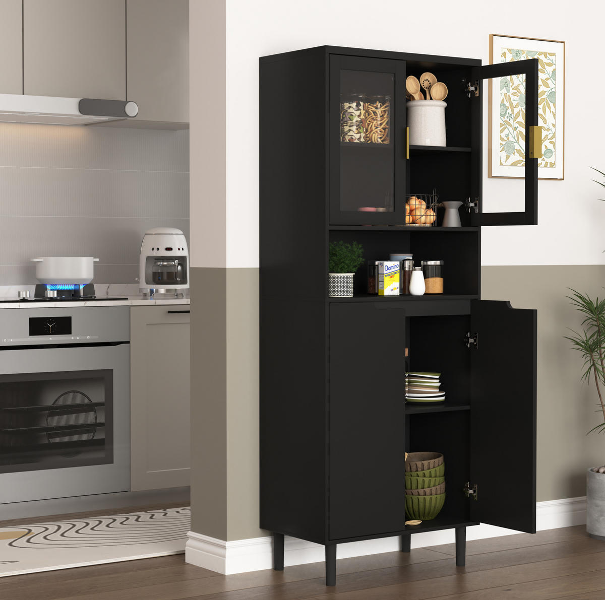 HOCHSCHRANK mit Glastüren, verstellbarem Einlegeboden und Kippschutz, vielseitiger Stauraum, Schwarz - Schwarz, Holzwerkstoff (60/160/35cm) - Redom