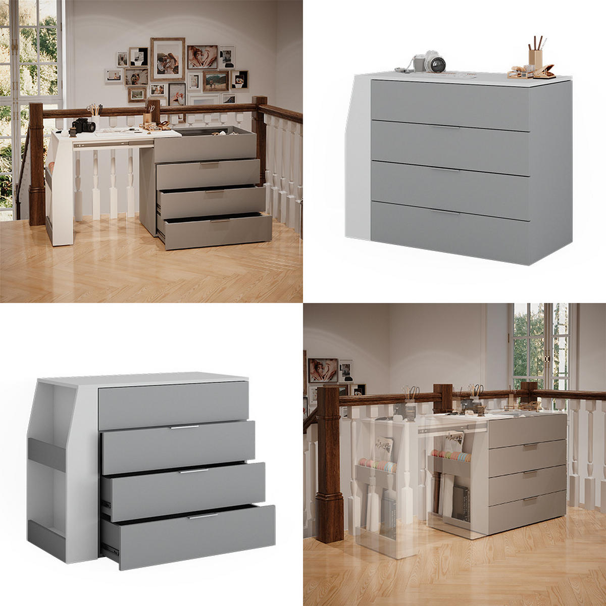 BASTELTISCH Iva Grau 95.5 x 80 cm ausklappbar, 4 Schubladen - Grau, Holzwerkstoff (47/95.5/80cm) - Vicco