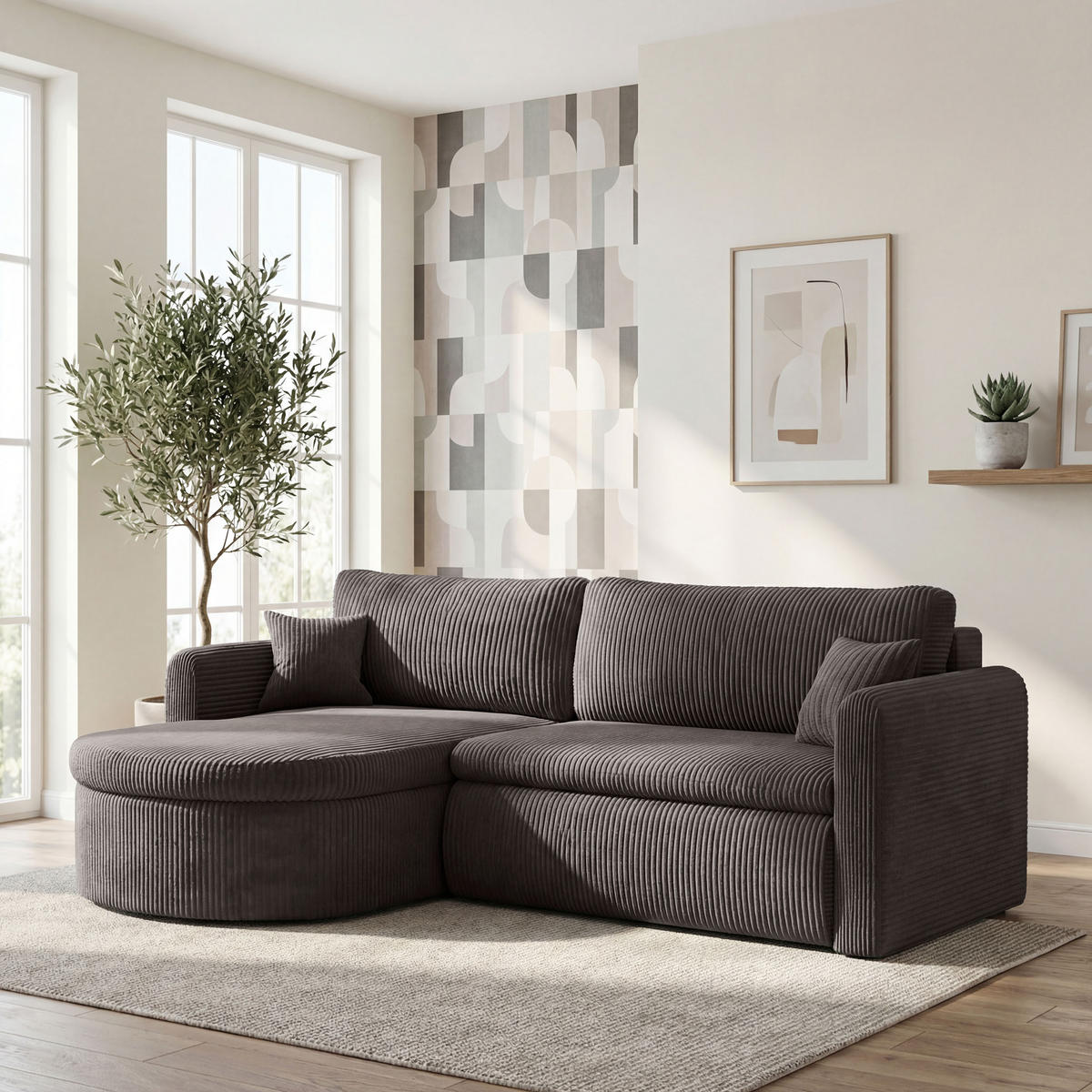ECKSOFA Cora mit Schlaffunktion & Stauraum, Universell Rechts/Links, Taupe Grau-Beige Cord Chenille 260/82/160 cm - Taupe/Schwarz, Kunststoff/Textil (250/160cm) - WFL GROUP
