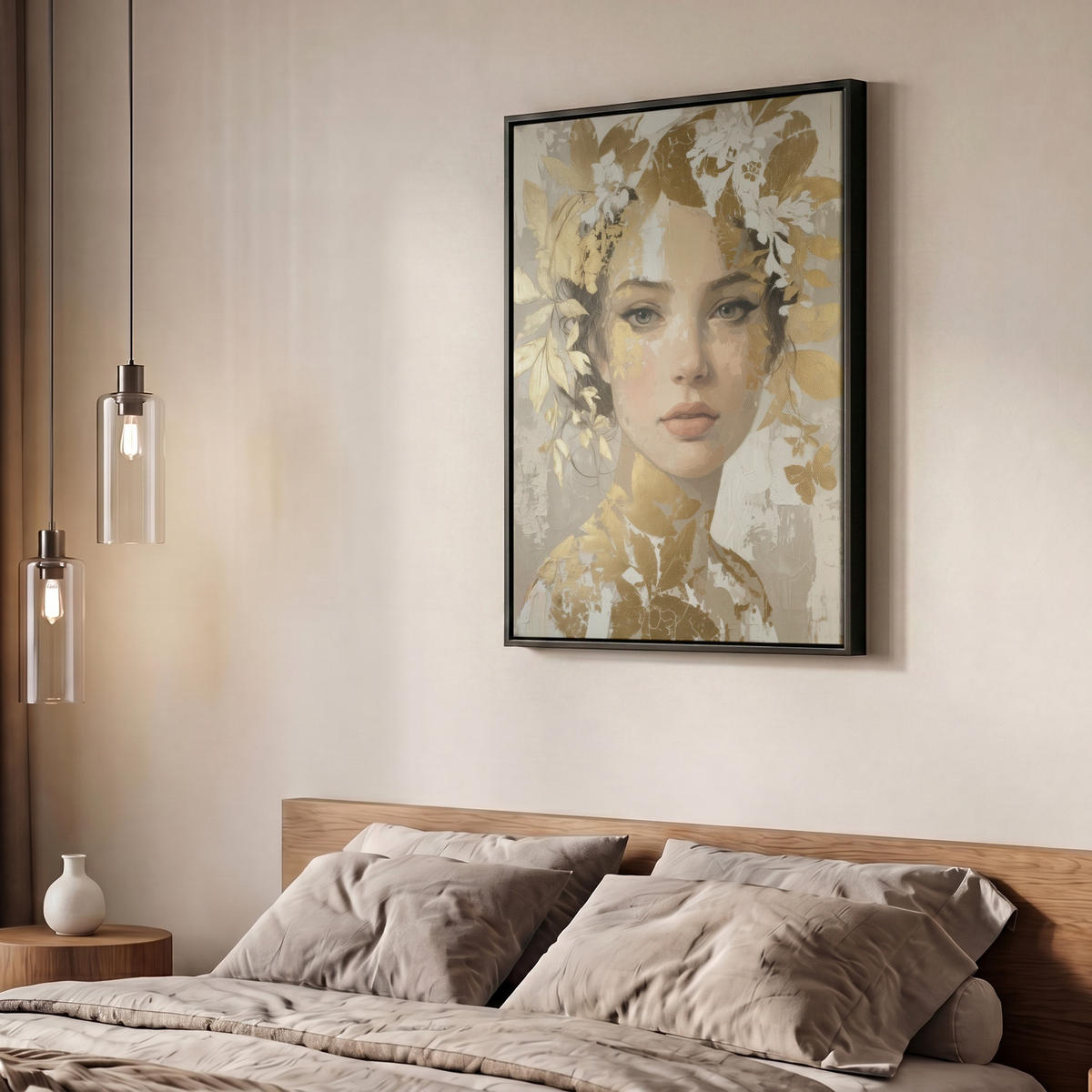 LEINWAND Bilder mit Rahmen - Gesicht - Frau - Blätter - Gold - 50x70 - Beige, Textil (50/70cm) - MuchoWow