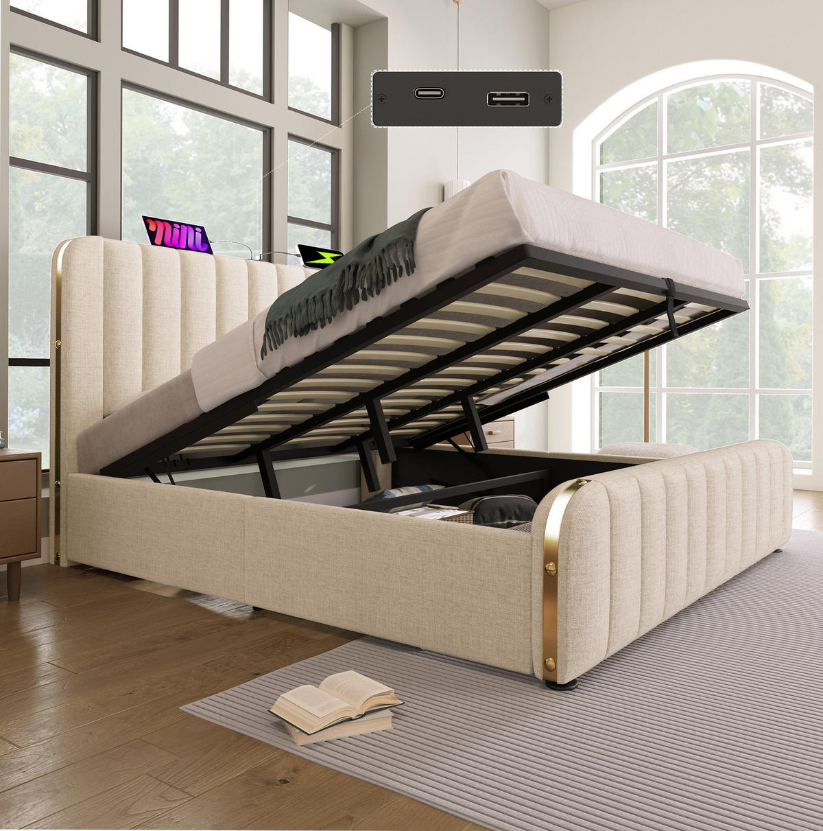 POLSTERBETT aus Leinen 180x200 cm Beige mit hydraulischem Bettkasten, USB- und USB-C-Anschluss - Beige, Textil (180/200cm) - IVMEU