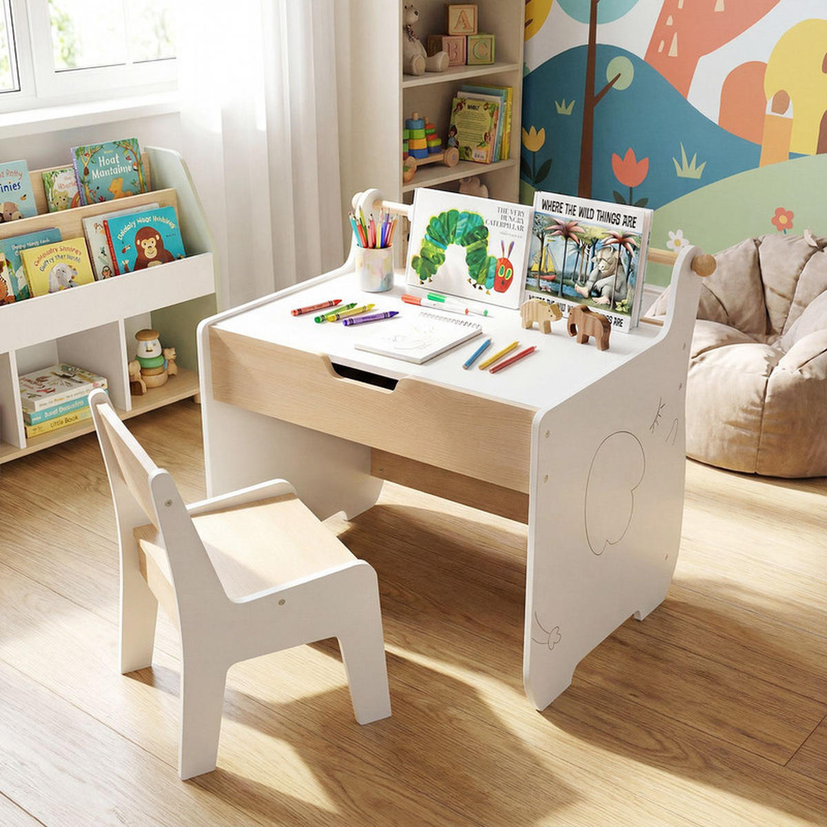 KINDERTISCH mit Stuhl weiß(2-tlg) - Weiß, Holzwerkstoff (61.5/59/47cm) - COSTWAY