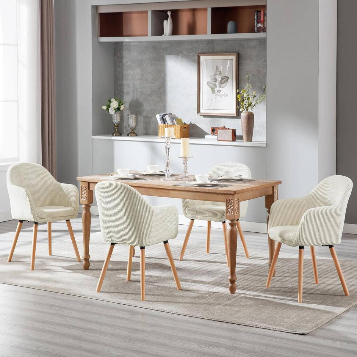 ESSZIMMERSTUHL 2er Set Polsterstuhl, Cord, Holzbeine, Creme - Eichefarben/Creme, Holz/Kunststoff (55.5/83.5/56.5cm) - Woltu