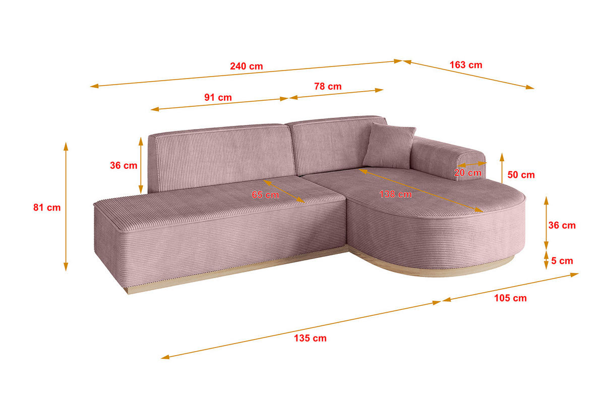 ECKSOFA Ottomane Rechts ARRIO-L1 - 243x171x83 cm Rosa - Rosa, Holzwerkstoff/Textil (243/171cm) - ALTDECOR