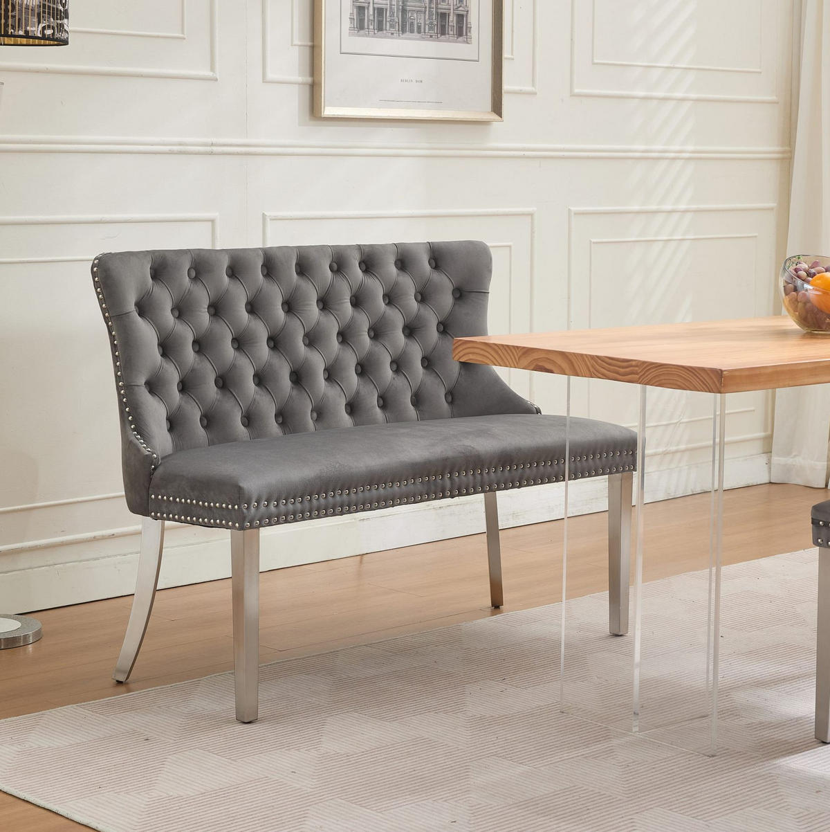 ESSZIMMERBANK 2-Sitzer Samt Grau mit Edelstahlbeinen - Grau, Metall (116/89.5/58cm) - Meubliv