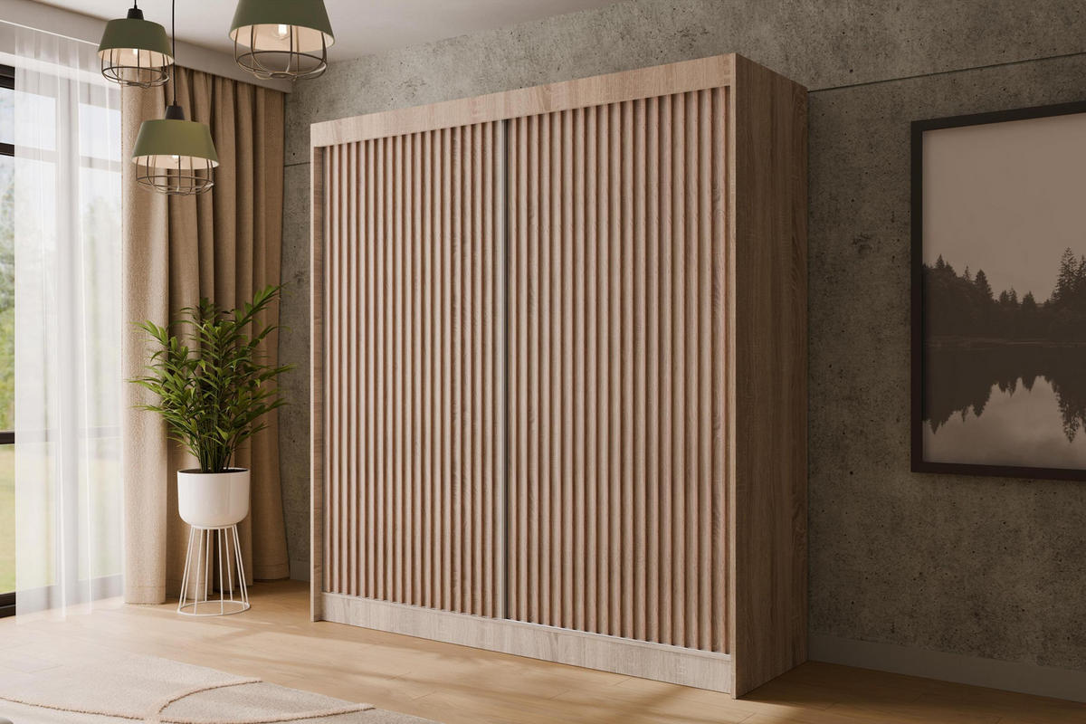 KLEIDERSCHRANK mit Lamel-Schiebetüren VILANv2 - 200 cm Sonoma Eiche+Sonoma Eiche+Lamelle Eiche Wotan - Eiche Wotan/Sonoma Eiche, Holzwerkstoff (200/215/61cm) - ALTDECOR