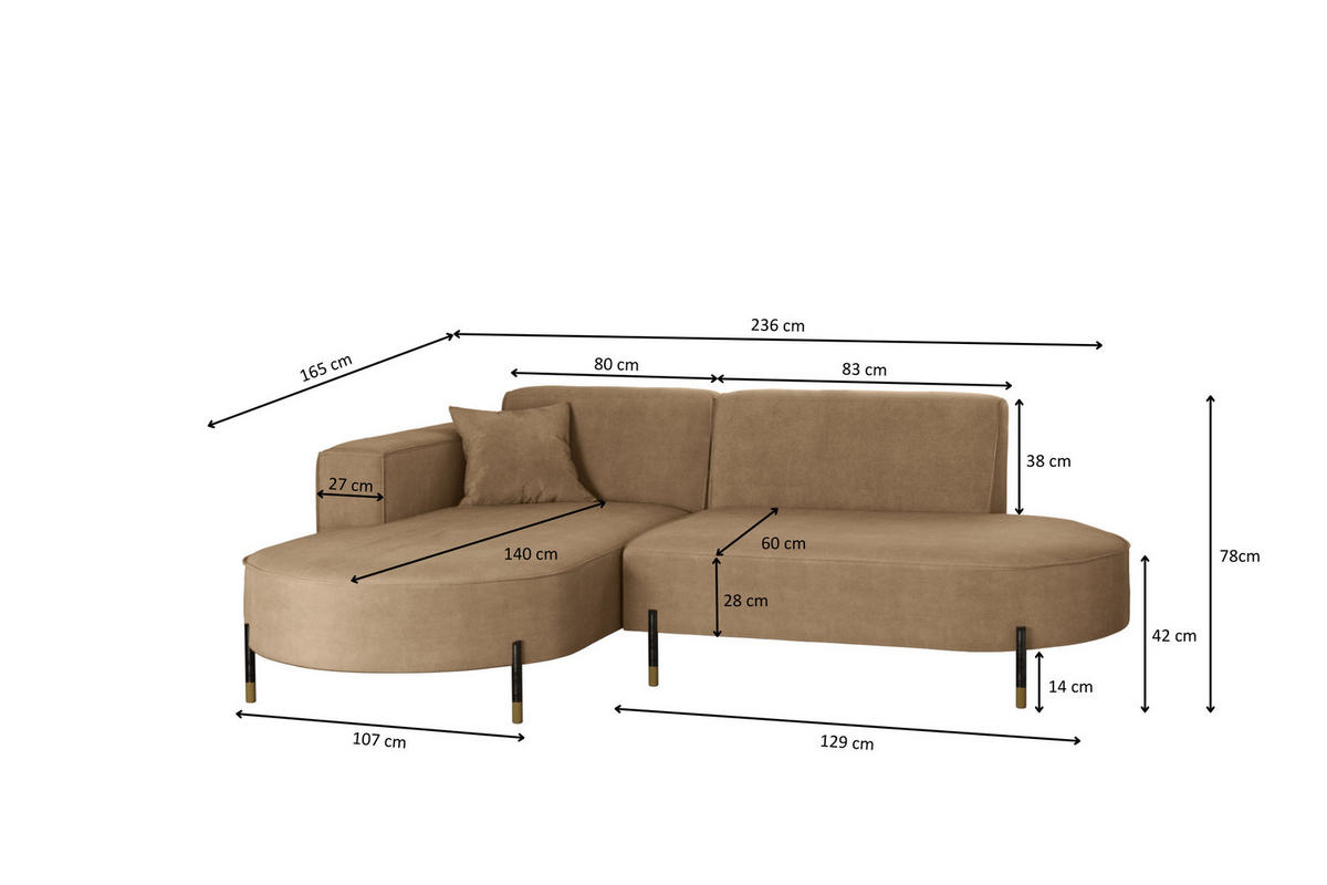 ECKSOFA L-Form Designer Modena Rein Stoff Noel Beige Links - Beige, Holz/Textil (165/236cm) - Kaiser Möbel