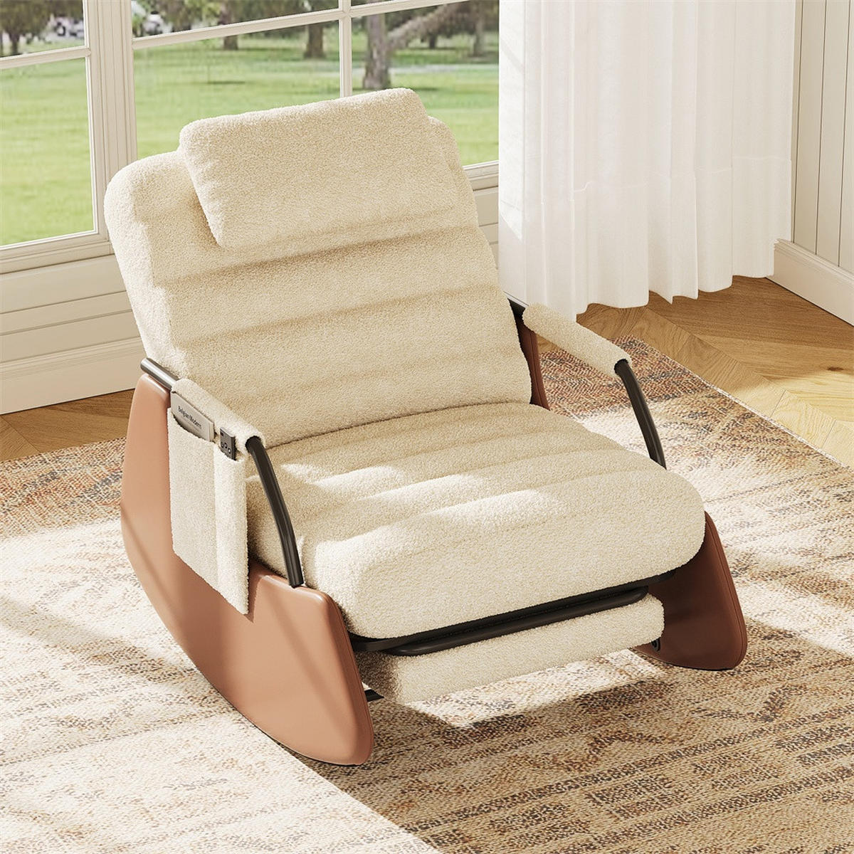 SCHAUKELSTUHL mit ausziehbarer Fußauflage und Kopfkissen - 3 stufig verstellbare Rückenlehne und Lammfell-Imitat - Beige - Beige, Textil (67/92/91.5cm) - DELFA