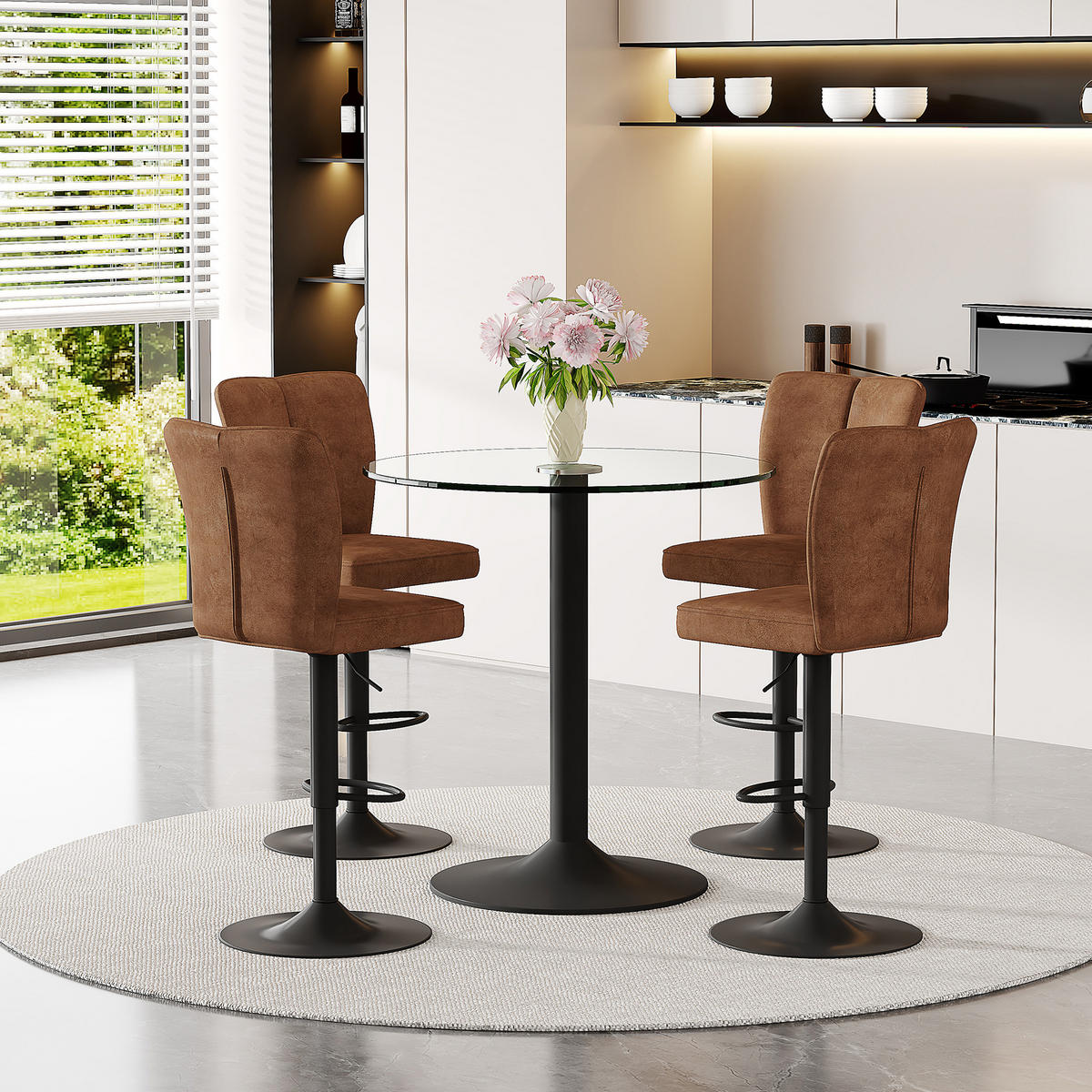BARTISCH-SET DE-39423 5-teilig, Glastisch und 4 Hocker Braun - Braun, Metall (89/60/92cm) - ComfortXL