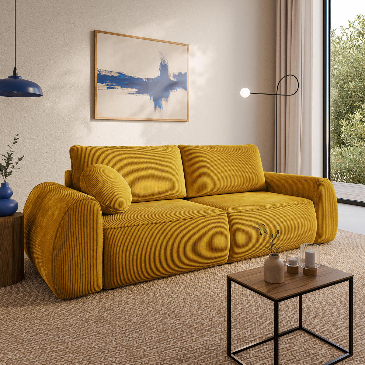 BETTSOFA ZEFEO Gelb Kordstoff mit Schlaffunktion - Gelb, Textil (264/96/106cm) - MASSENO
