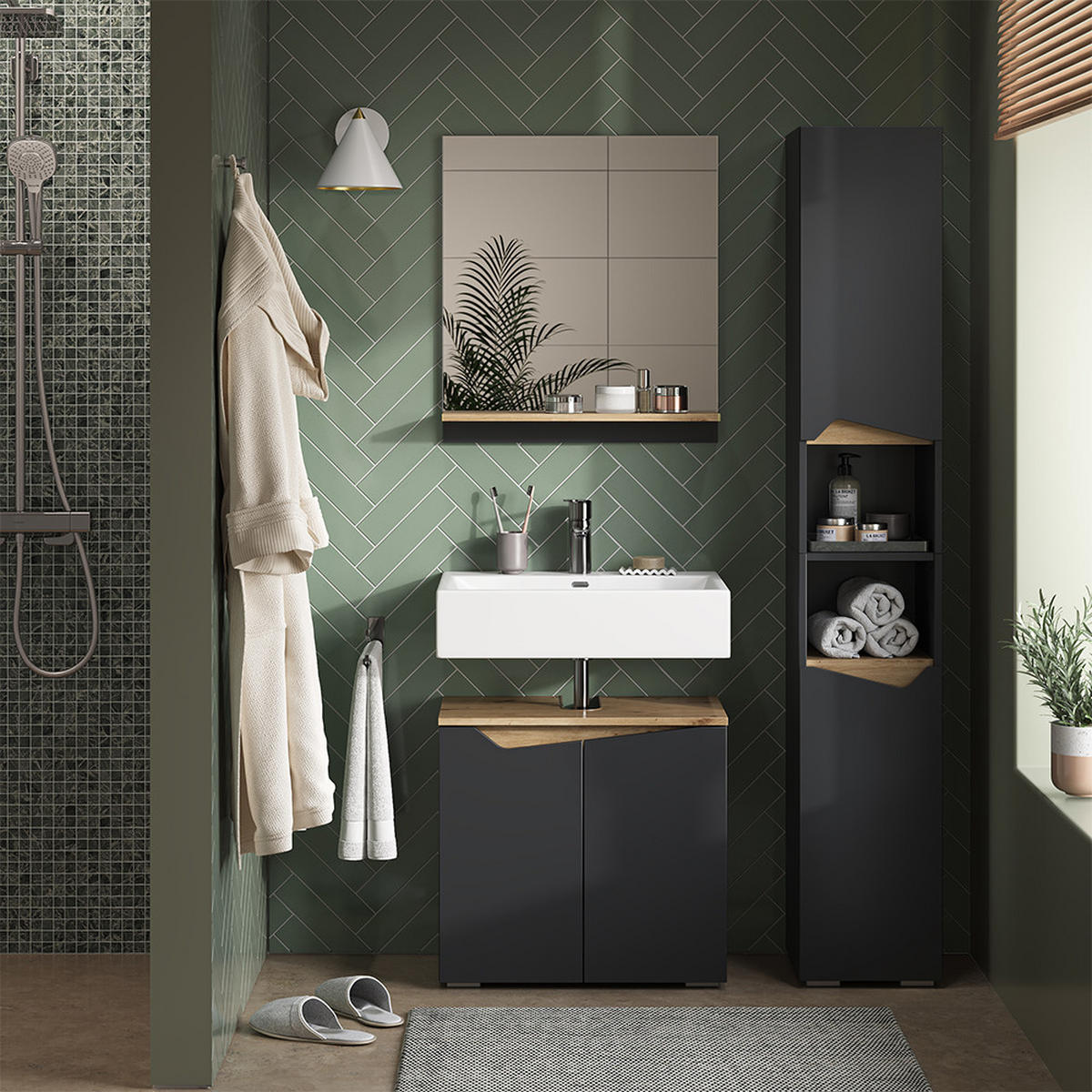 BADSCHRANK Marelle Anthrazit 30 x 180 cm mit Türen und offenen Fächern - Anthrazit, Holzwerkstoff (30/180/35cm) - Vicco