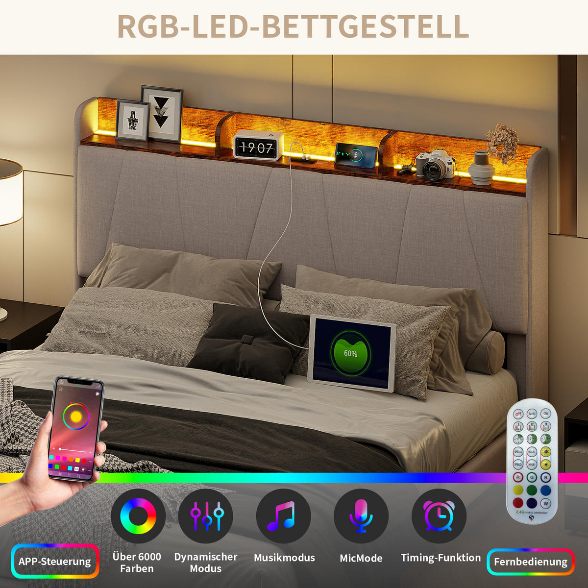 POLSTERBETT 160x200 cm, Beige, LED-Beleuchtung, USB/TPCY-C - Beige, Textil/Metall (160/200cm)