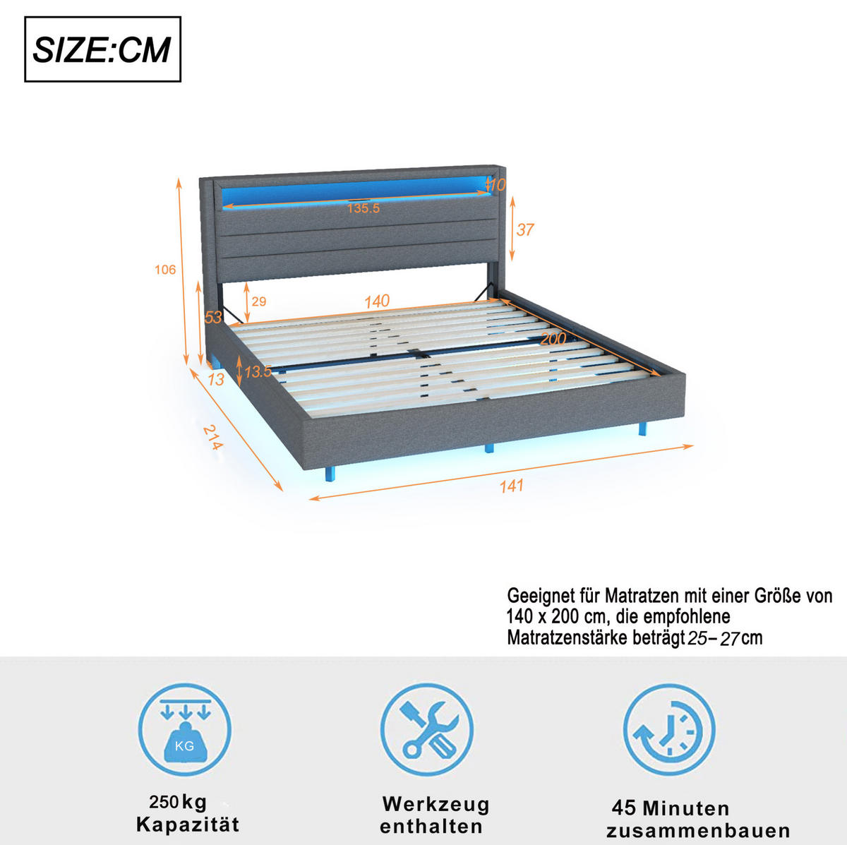 BETT mit USB, LED und Stauraum 140x200 cm Stoff Grau - Grau, Metall (140/200cm) - Meubliv