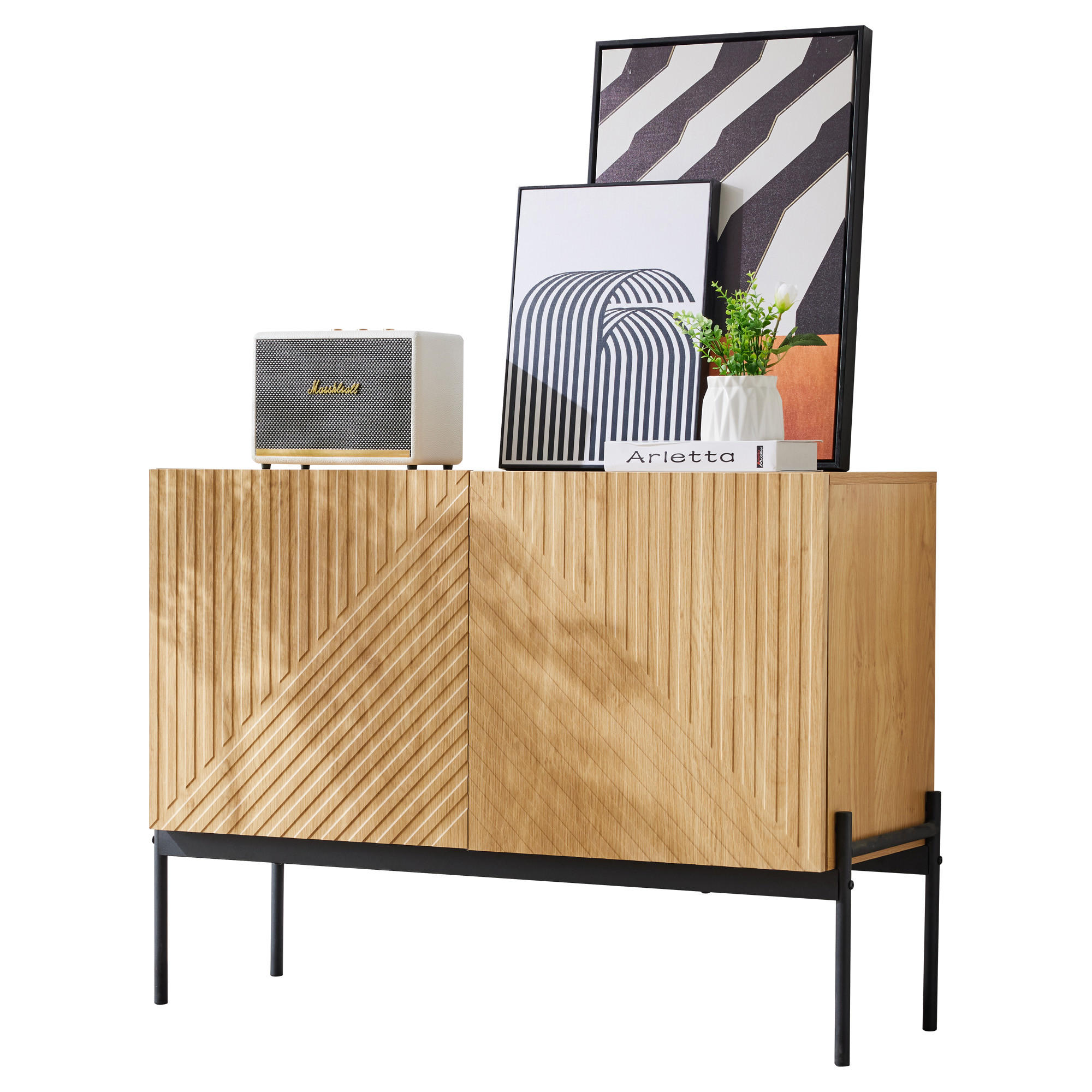 SIDEBOARD Regal Metallrahmen Spanplatte verstellbare Einlegeböden modernes Design vielseitig stabil - Schwarz/Naturfarben, Holzwerkstoff/Metall (100/75/40cm) - EVRYAE