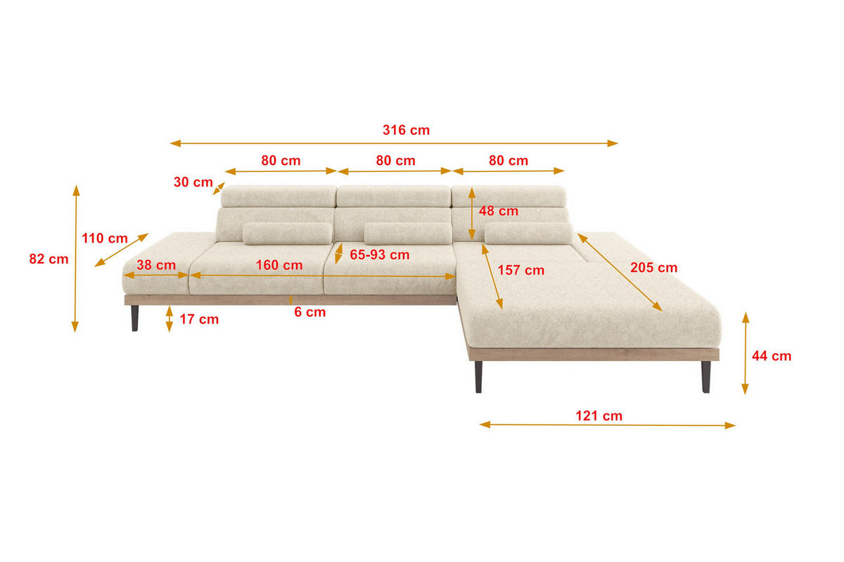 ELEKTRISCHES ECKSOFA Rechts MONA 316x205x85 Creme Velours - Creme, Holzwerkstoff/Textil (316/205cm) - ALTDECOR