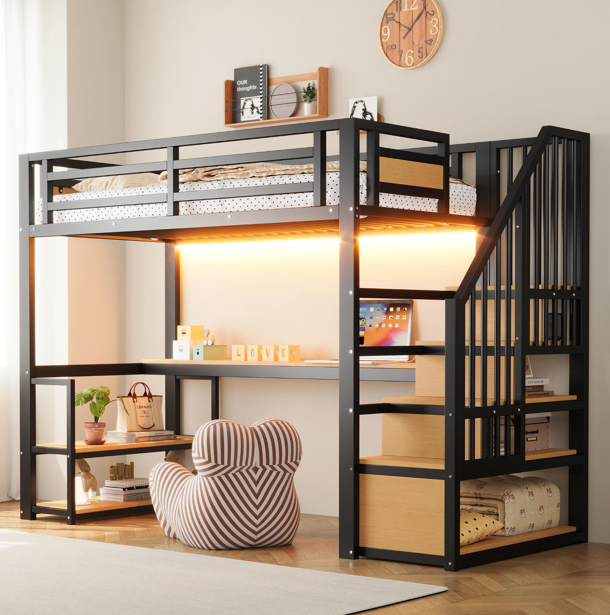 VYSOKÁ posteľ 90/200 cm čierna s úložnými schodíkmi, policami a stolom z kovu a MDF - čierna, kov (90/200cm) - OKWISH