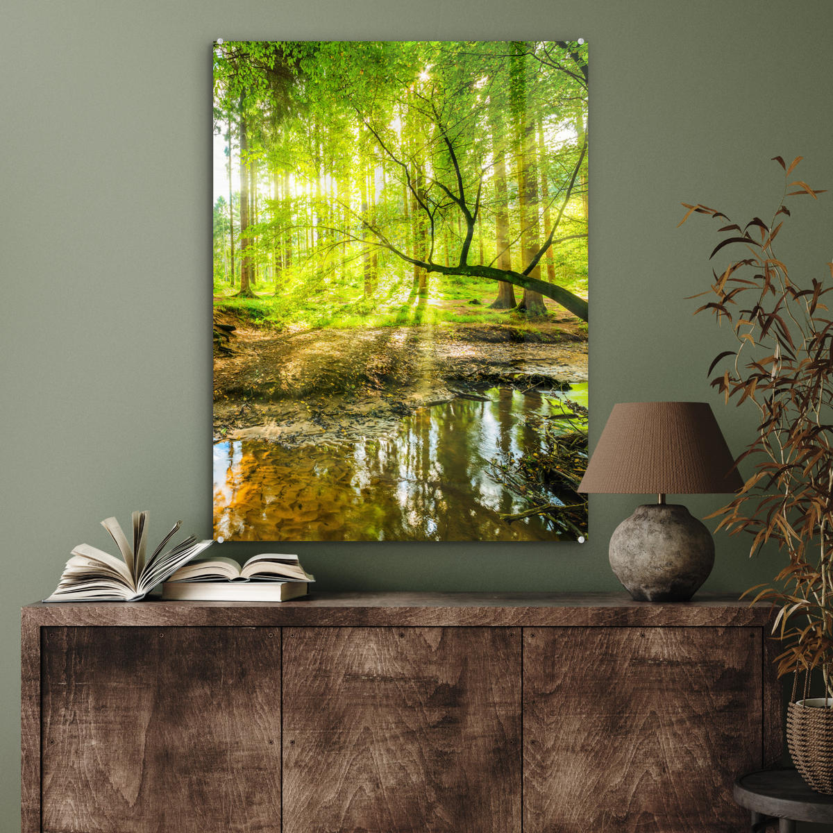 ACRYLGLASBILD Wald - Landschaft - Wasser - Bäume - Sonne - Grün - Natur 60x80 cm - Grün, Glas (60/80cm) - MuchoWow