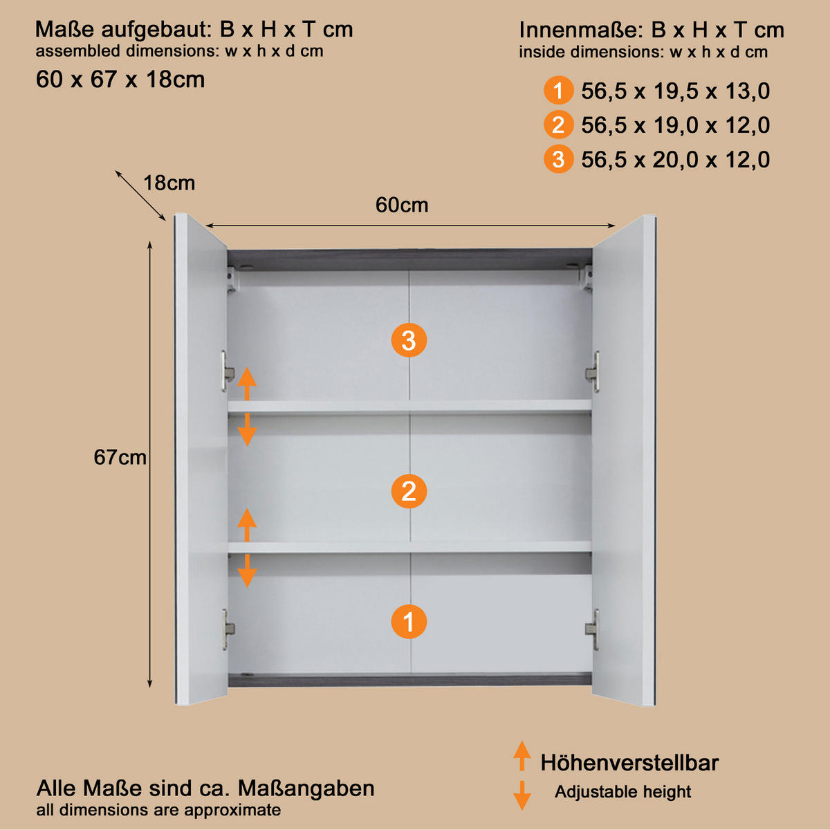 SPIEGELSCHRANK grau Rauchsilber, Badschrank 2-türig 60 x 67 cm - Grau, Glas/Holzwerkstoff (60/67/18cm) - Top.Furn