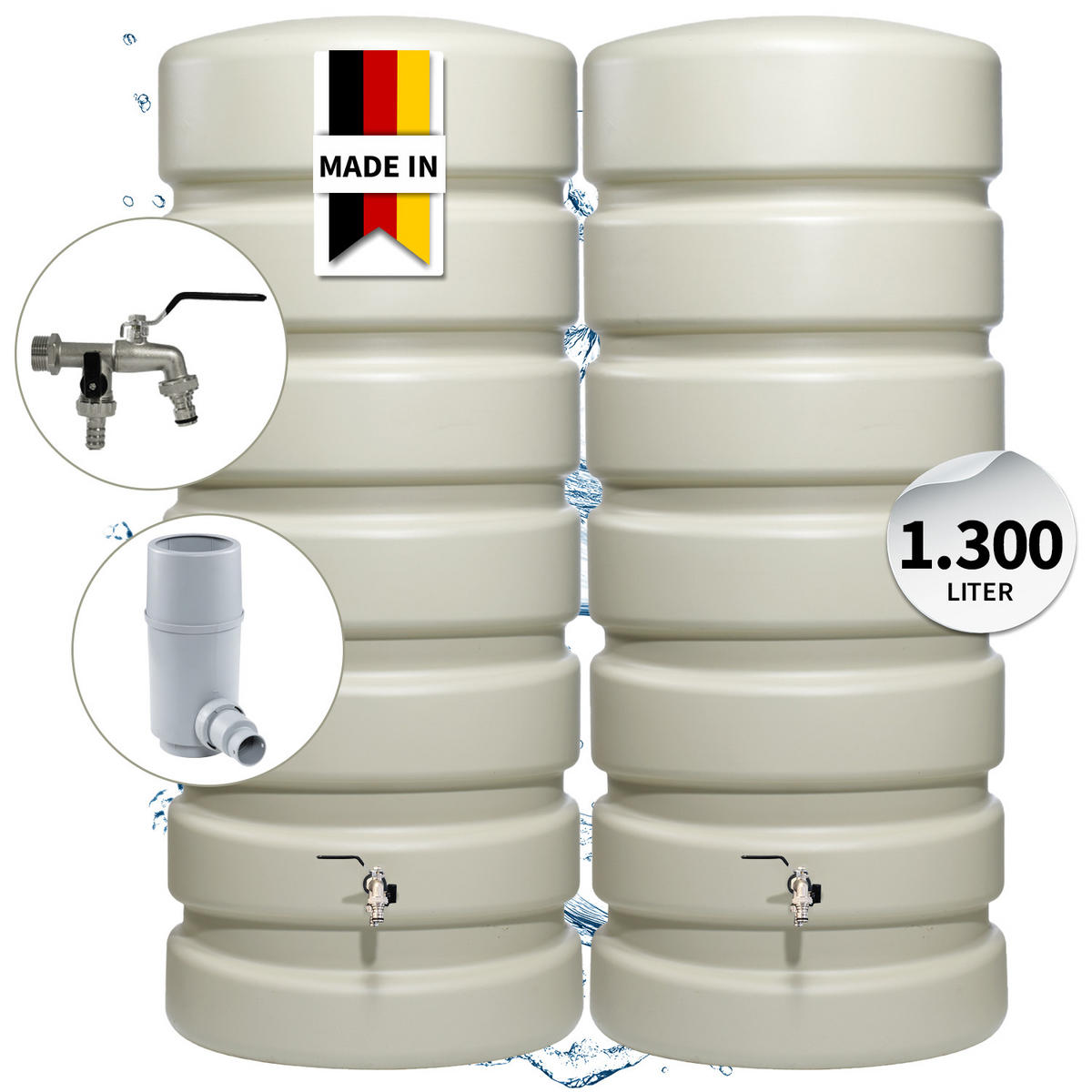 REGENTONNE Wandtank-SET Komplett-Set 1300 L, sandbeige 2 x 650 L, inkl. Verbinder und Fallrohranschluss - Beige, Kunststoff (160/192/60cm) - 4rain