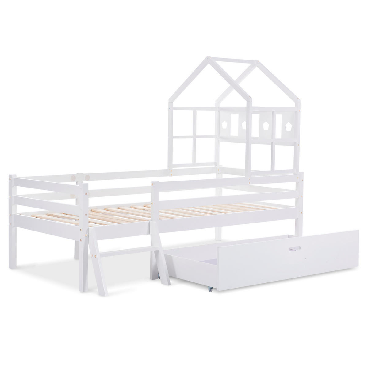 HOCHBETT 90/200 cm mit Leiter, Schublade, Lattenrost und Rausfallschutz aus massivem Kiefernholz, Weiß - Weiß, Holz - Redom