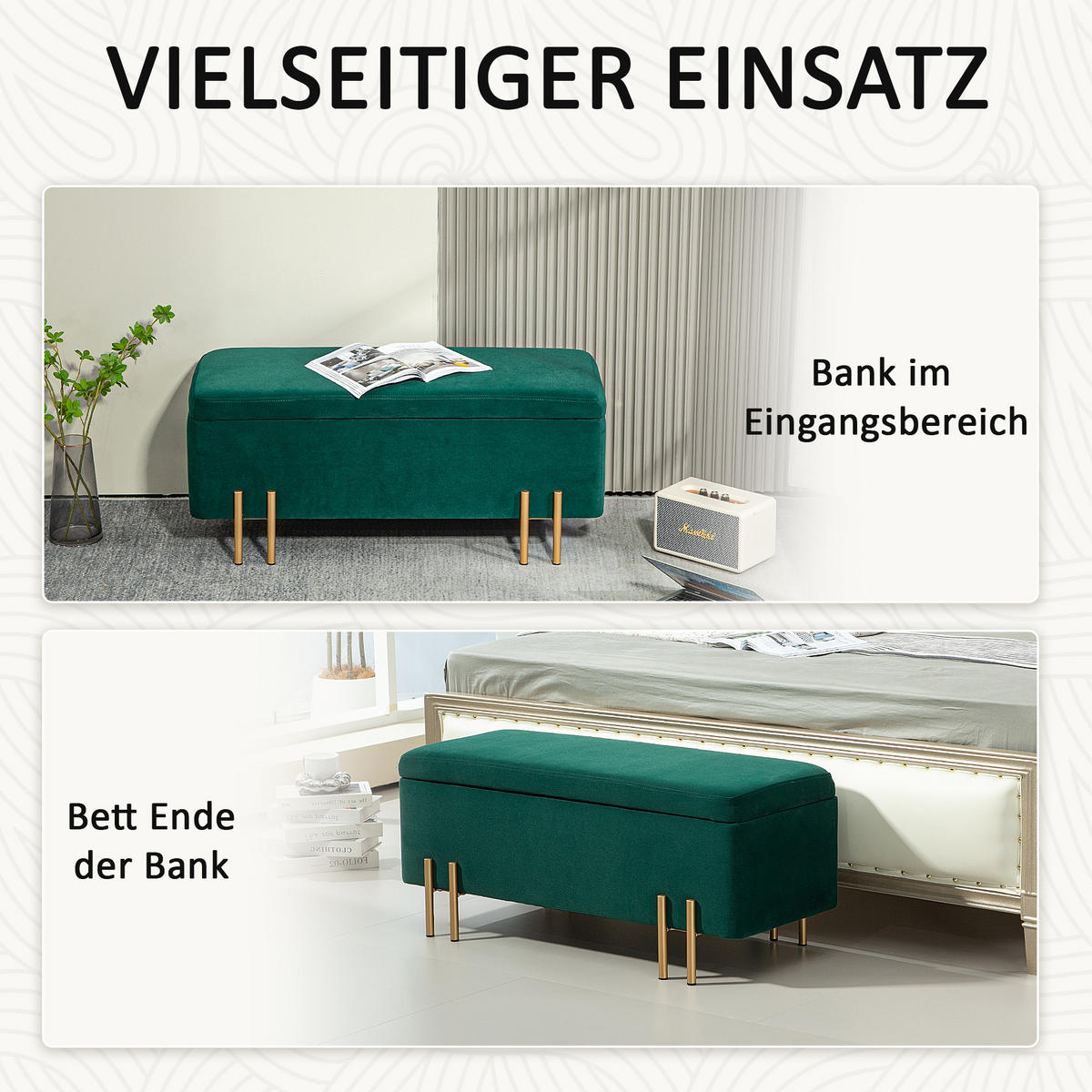 GEPOLSTERTE Sitzbank mit Stauraum, Metall, Kautschukholz, Schaumstoff Grün - Grün, Textil (40/42/100cm) - HOMCOM