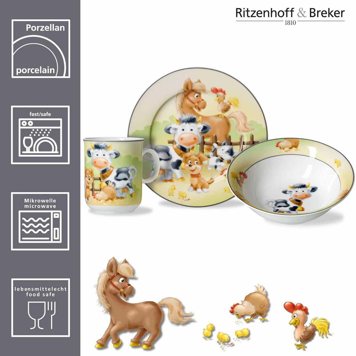 KINDERGESCHIRR MIT BESTECK Hoftiere bunt - Multicolor, Keramik (1/1/1cm) - Ritzenhoff Breker
