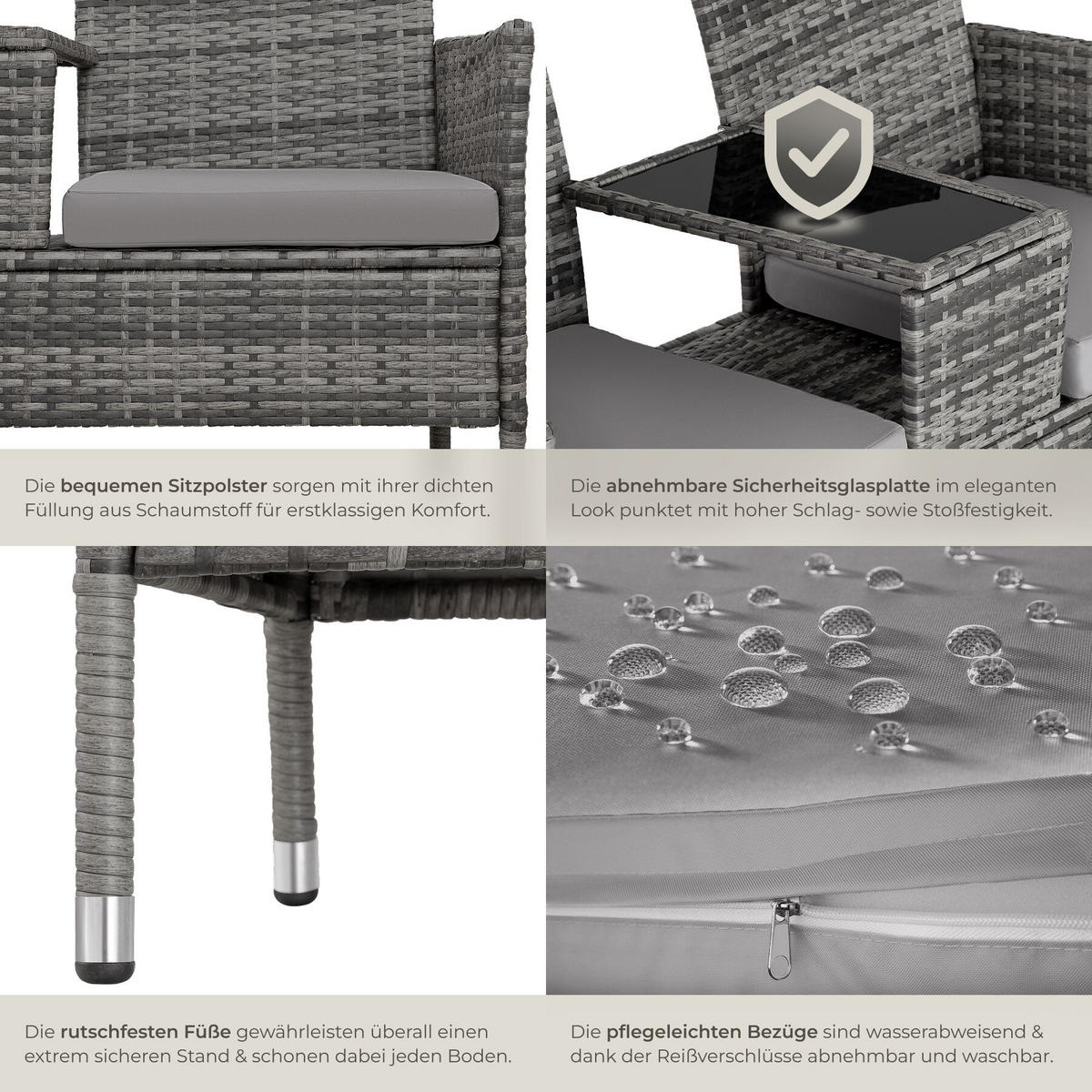 RATTAN GARTENSITZBANK Narbonne, 6 cm Sitzpolster, grau/hellgrau - Grau, Kunststoff (61/82/131cm) - tectake