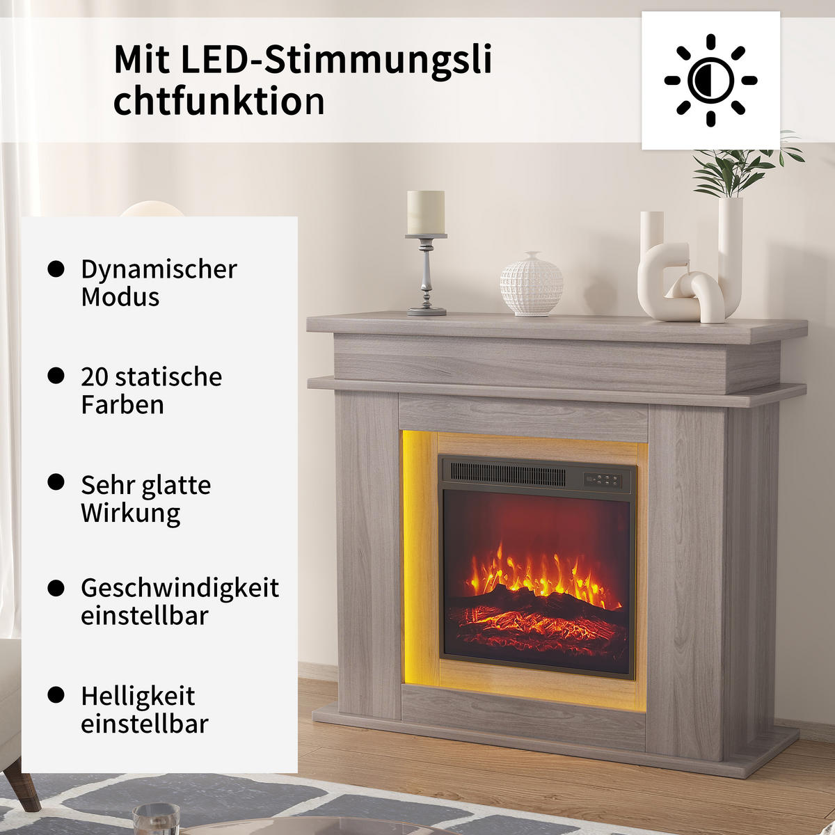 ELEKTROKAMIN freistehend 3D Flamme LED Dekokamin Eiche - Eichefarben, Holz (34.5/88.8/101cm) - LEBENLANG