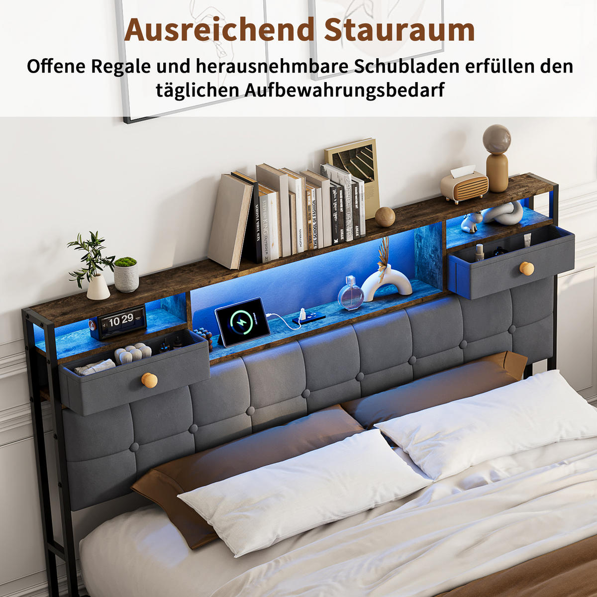 POLSTERBETT 160x200cm mit LED-Beleuchtung, Ladestation & Stauraum - Grau, Holz - SHOPENTRA
