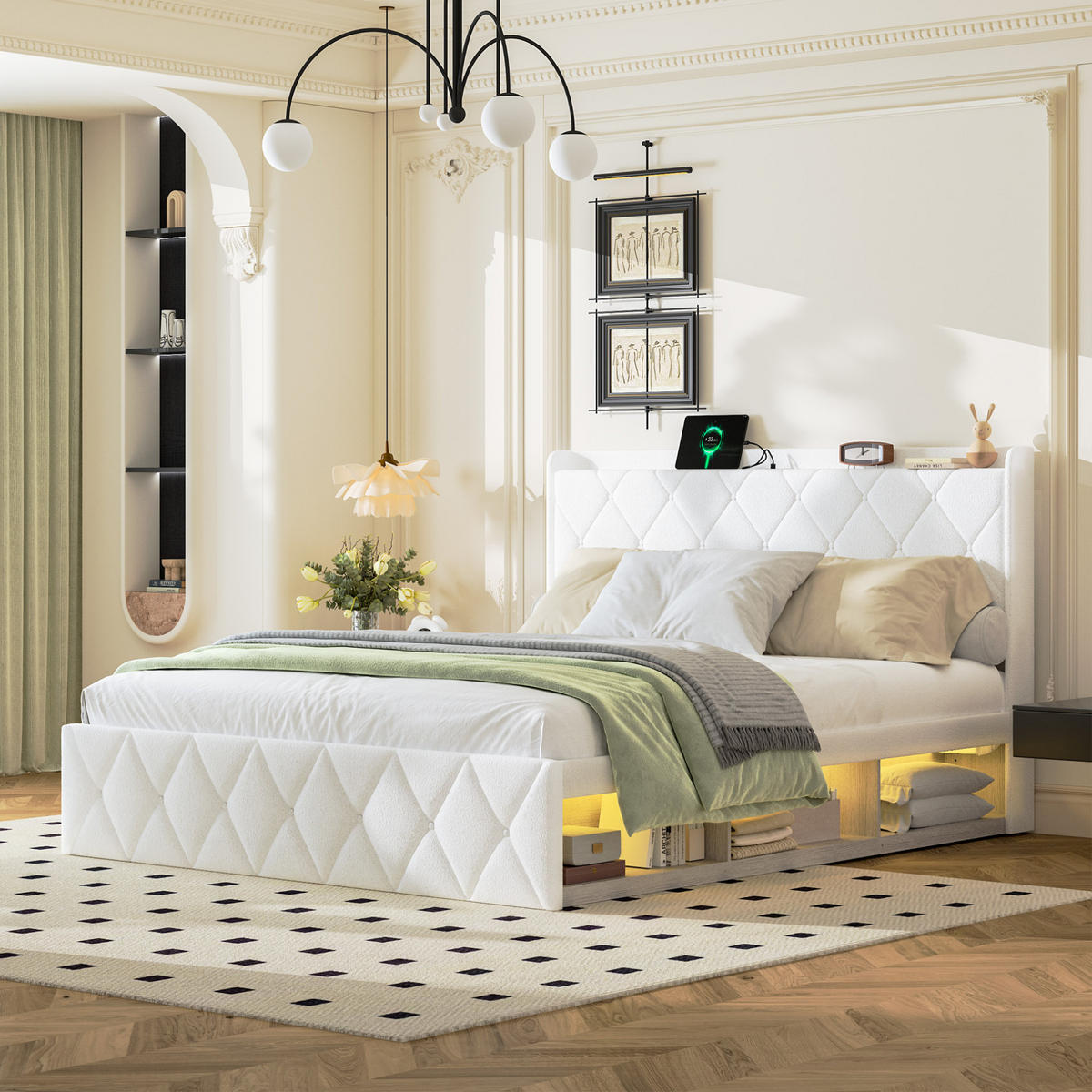 POLSTERBETT 160x200 cm in Weiß mit USB-Ladefunktion und LED-Beleuchtung - Weiß, Textil (160/200cm) - IVMEU