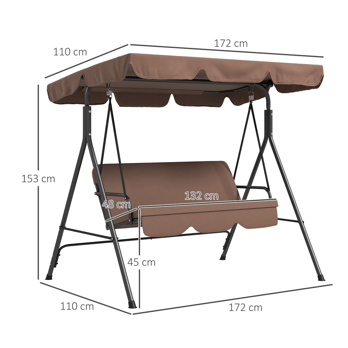 HOLLYWOODSCHAUKEL 3 Sitzer 200 kg - Braun, Metall (172/153/110cm) - LEBENLANG