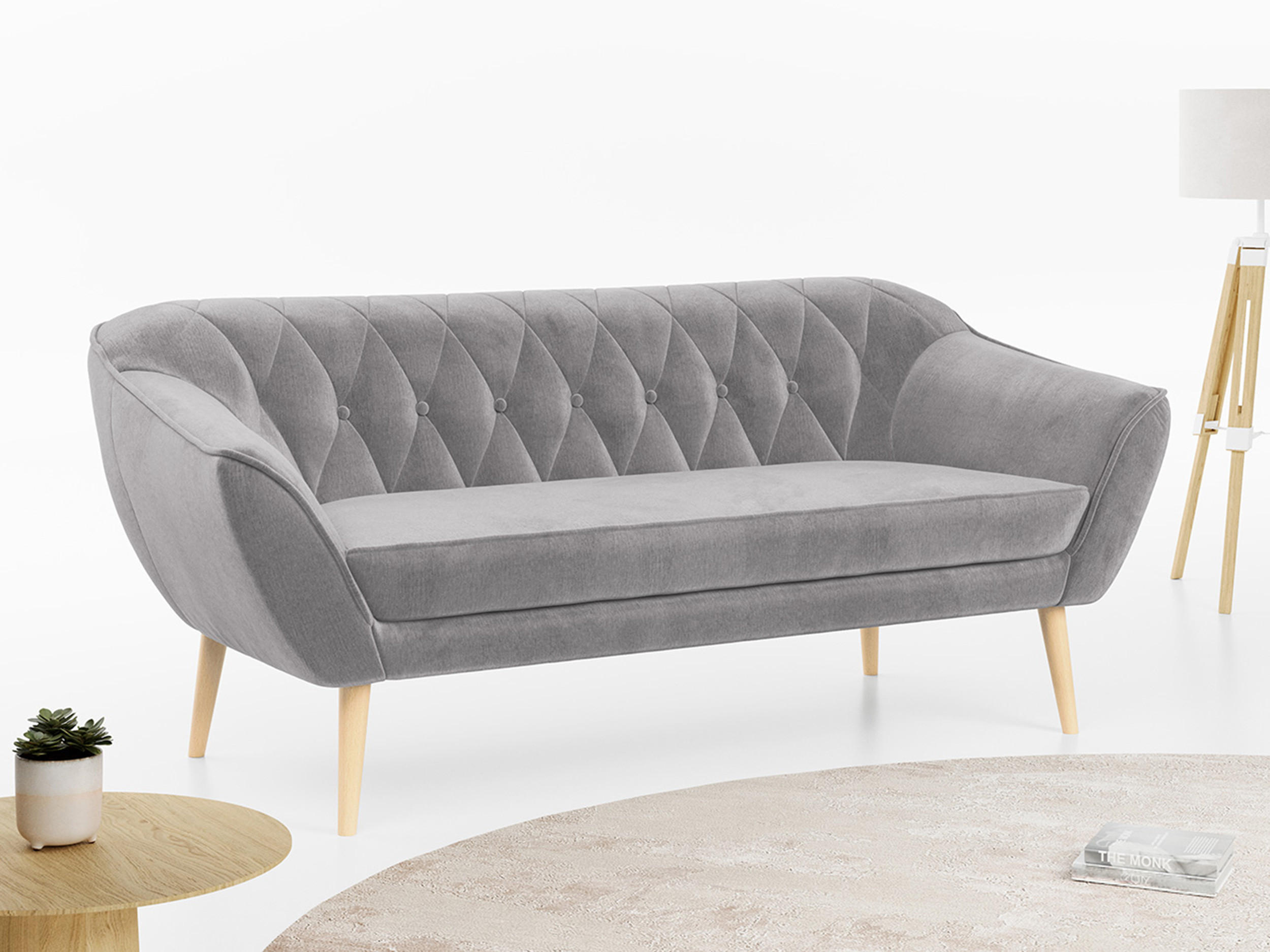 SOFA Pirs 3 Sitzer Velvet Hellgrau - Hellgrau/Braun, Holz/Textil (180/75/74cm) - MKS