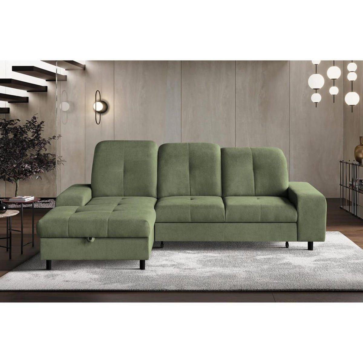 ECKSCHLAFSOFA Leon L Grün - Schwarz/Grün, Kunststoff/Textil (255/120cm) - Beautysofa
