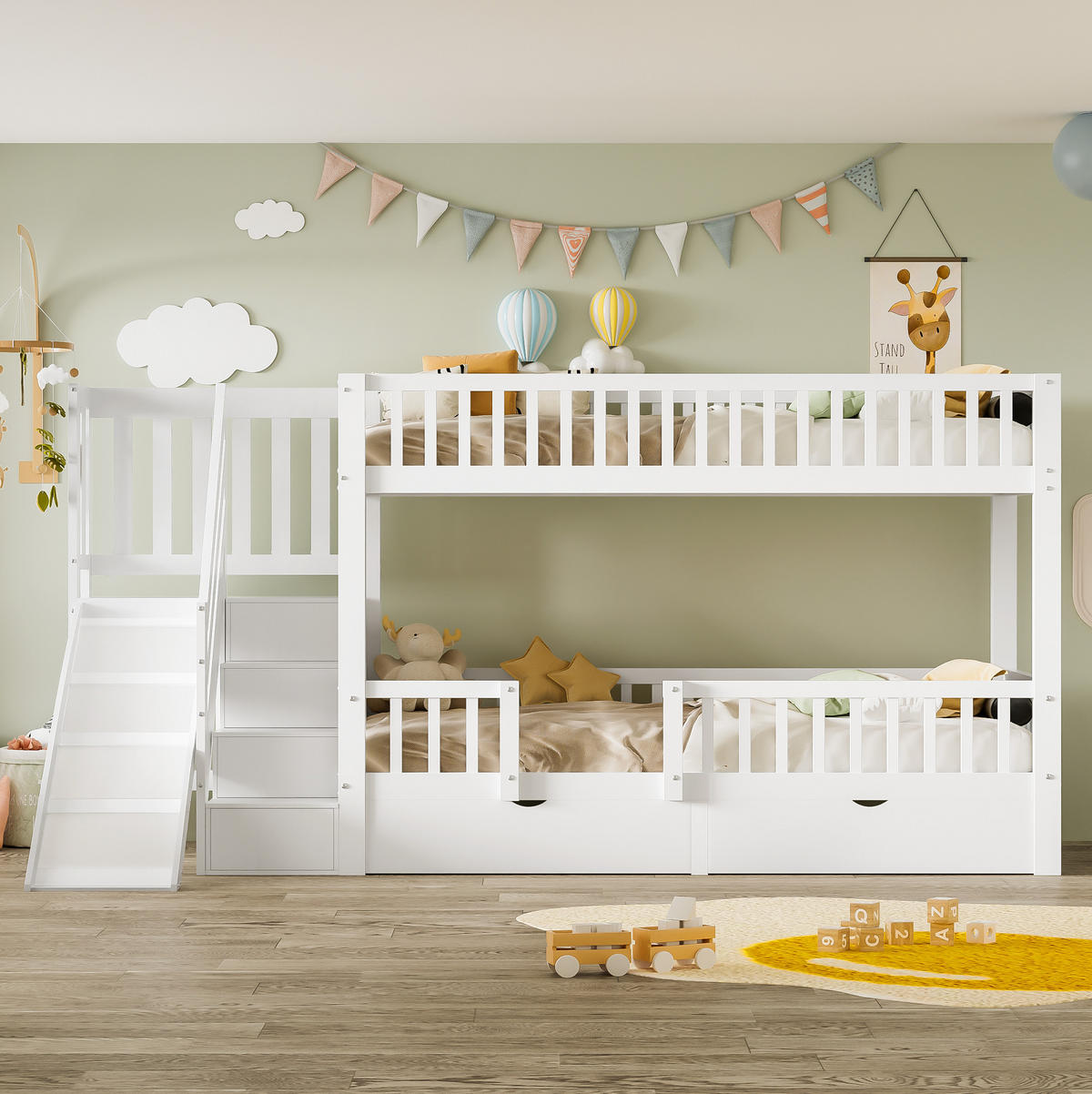 ETAGENBETT 90/200 cm Weiß mit Rutsche, Treppe, Schubladen, ohne Matratze - Weiß, Holz (90/200cm) - MIVRAY