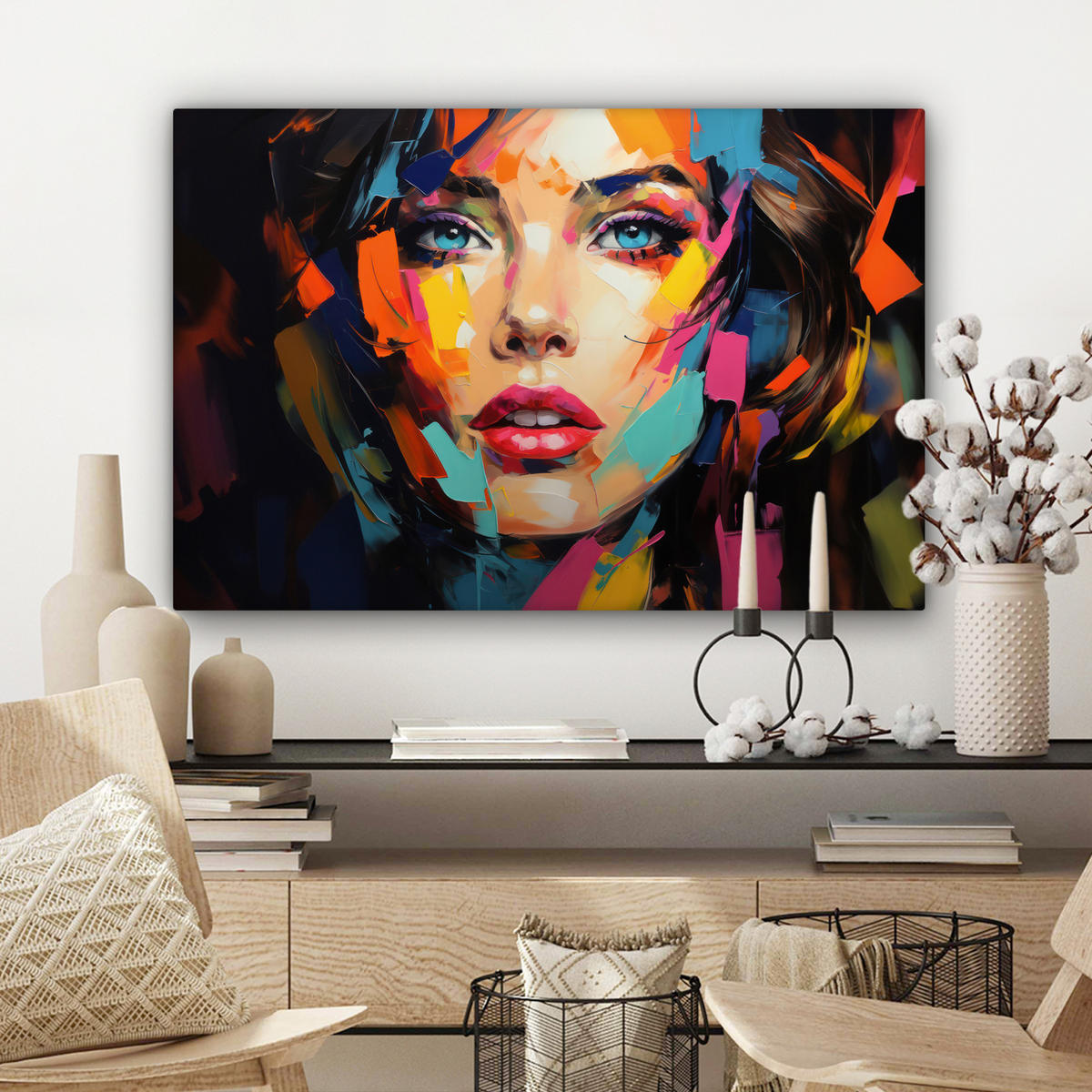 LEINWANDBILD Frau - Porträt - Farbenfroh - Kunst Wanddeko 90x60 cm - Multicolor, Textil (90/60cm) - MuchoWow