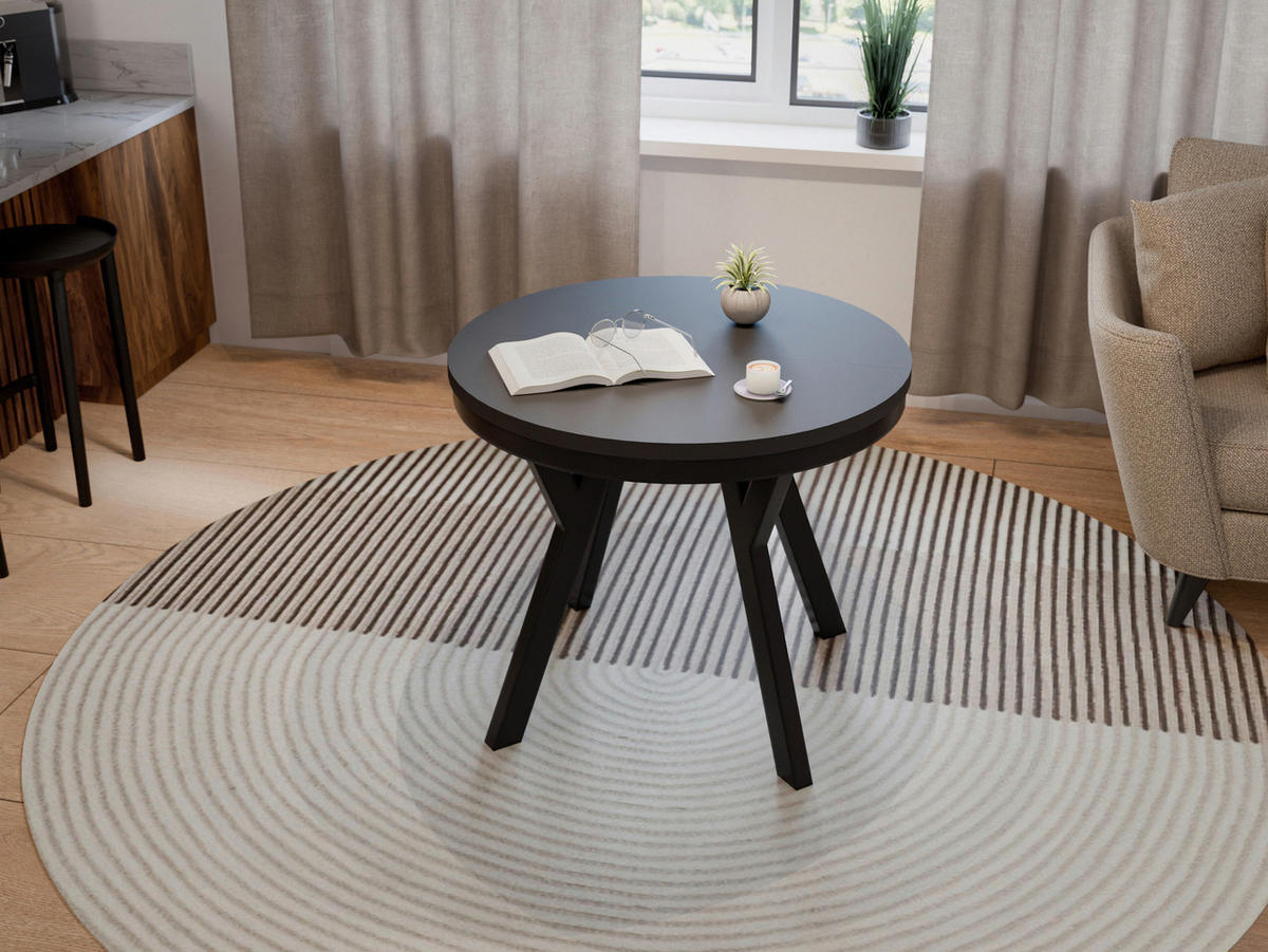 ESSTISCH ARI Rund (90-190 cm Ausziehbar Schwarz Matt Metallbeine Loft Design) - Schwarz, Holz/Holzwerkstoff (90/90/76cm) - Ravio