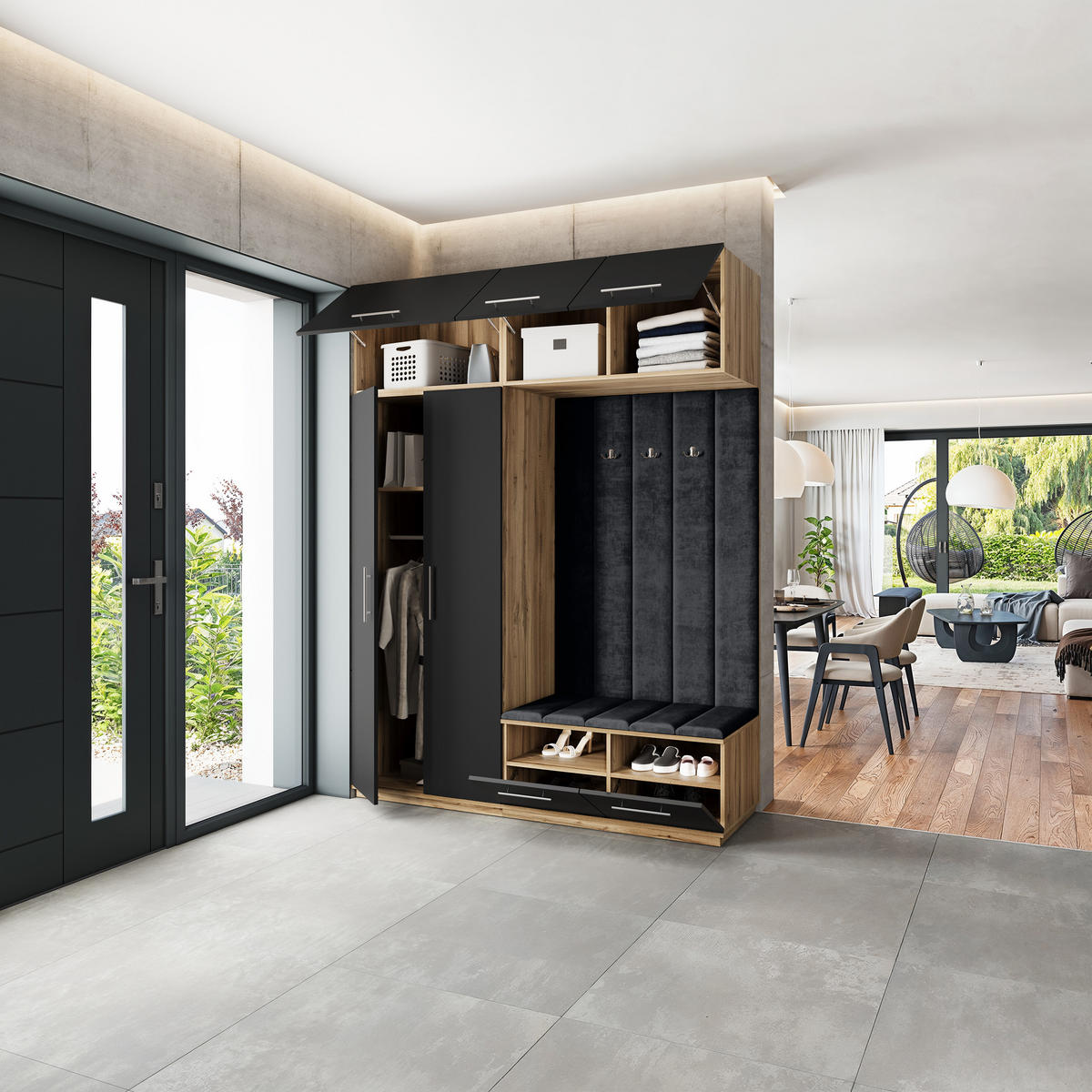 GARDEROBENSCHRANK REMA 180/240/60 cm Modern Eiche Wotan - Eiche Wotan/Schwarz, Holzwerkstoff (180/240/60cm) - MASSENO