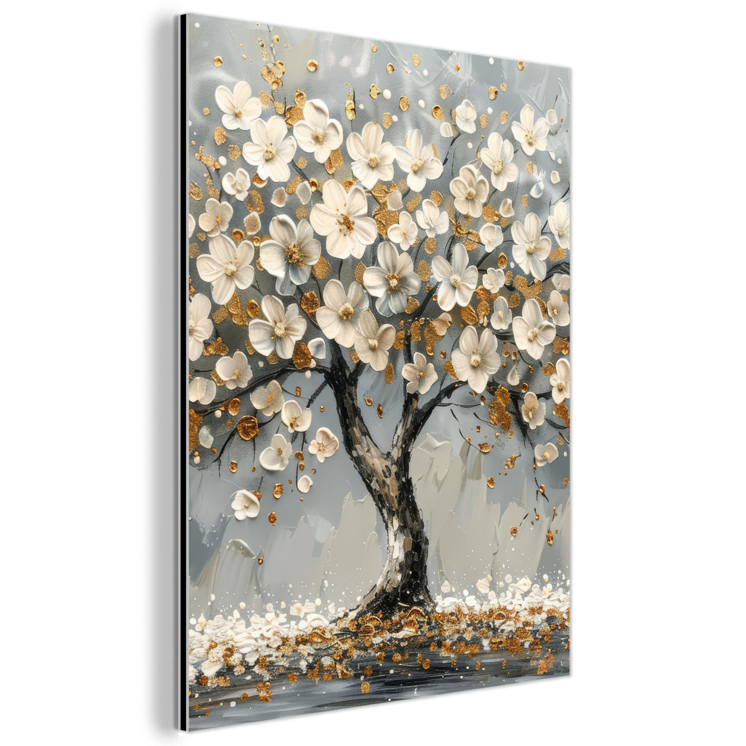 METALLBILD Baum - Blumen - Weiß - Natur - Kunst 60x80 cm - Weiß, Metall (60/80cm) - MuchoWow