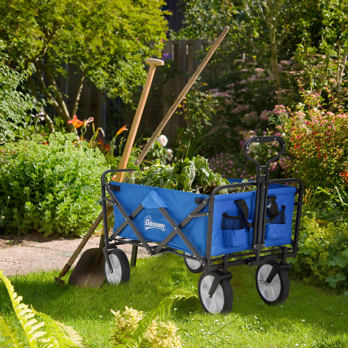 GARTENWAGEN DE-10521 faltbar mit Bremsen, 68 kg Schwarz - Dunkelblau, Metall (49/100/93cm) - ComfortXL