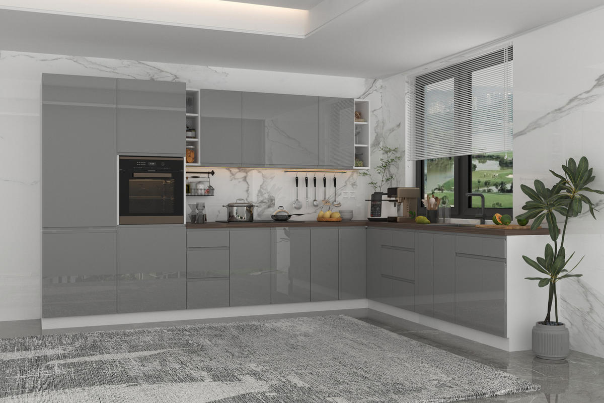 ECKKÜCHE 350 x 260 cm – Aspen KA4-M360 - in Grau/Hochglanz - Grau, Holz (610/212/58cm)