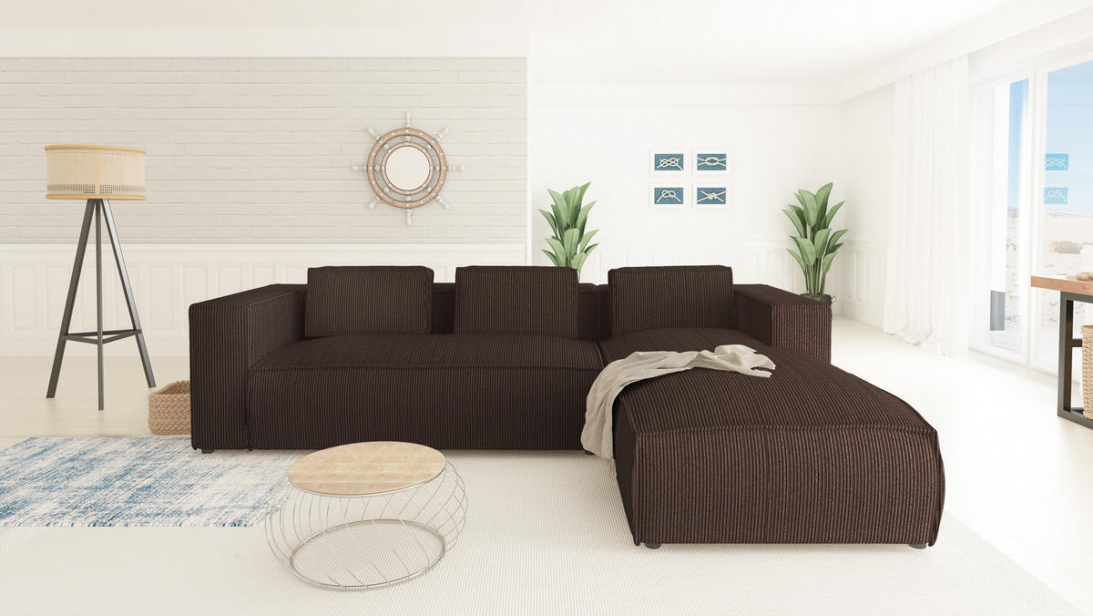 ECKSOFA Nova Dunkelbraun Cord, Ottomane rechts - Dunkelbraun/Schwarz, Holz/Kunststoff (262/176cm) - S-Style Möbel